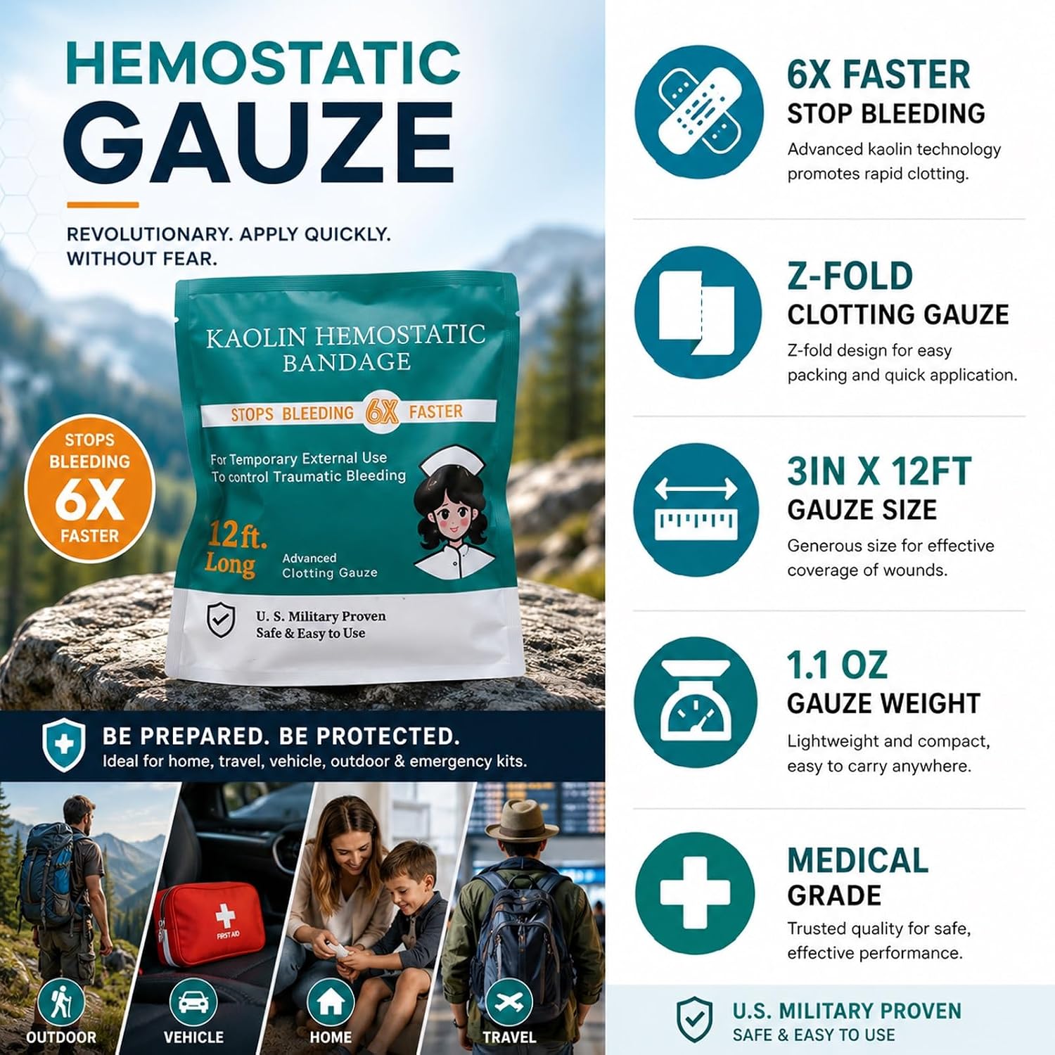 Quick Clot Gauze, First Aid Advanced Stop The Bleed Kit Combat Flexible Hemostatic Gauze-Bleed Stop Faster Wound Packing Medical,Survival Kit Supplies (3" x 12.5) (2) - Image 2