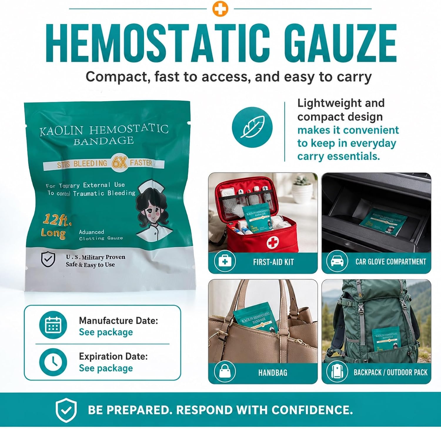 Quick Clot Gauze, First Aid Advanced Stop The Bleed Kit Combat Flexible Hemostatic Gauze-Bleed Stop Faster Wound Packing Medical,Survival Kit Supplies (3" x 12.5) (2) - Image 6