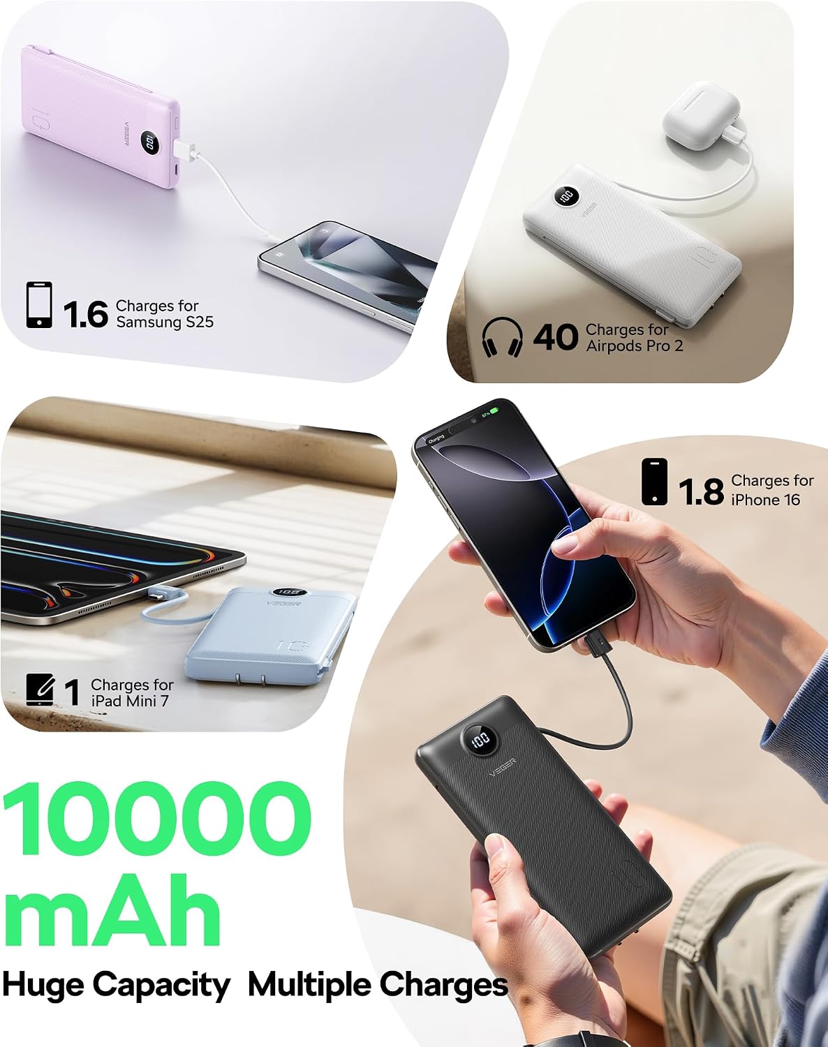 VEGER All in One Travel Portable Charger with Built-in AC Plug & Cables, 10000mAh Slim Power Bank Battery Pack, 15W Fast Charging Compatible with iPhone, Samsung, Android-White - Image 4