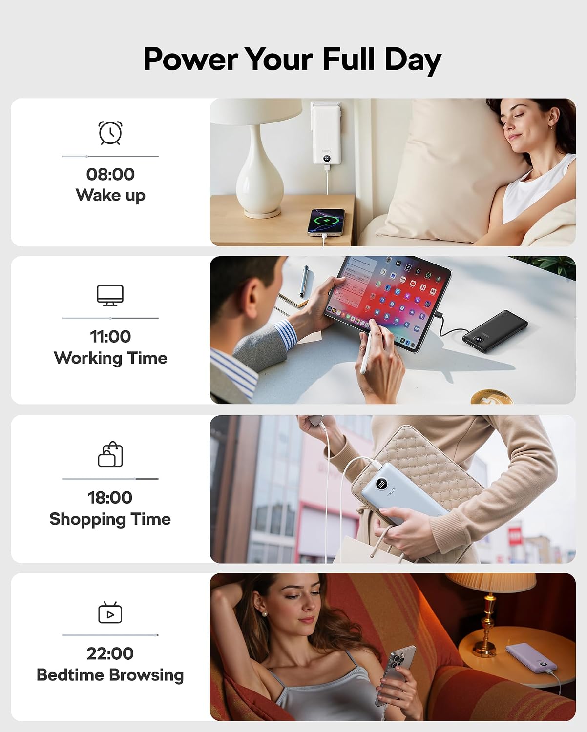 VEGER All in One Travel Portable Charger with Built-in AC Plug & Cables, 10000mAh Slim Power Bank Battery Pack, 15W Fast Charging Compatible with iPhone, Samsung, Android-White - Image 5
