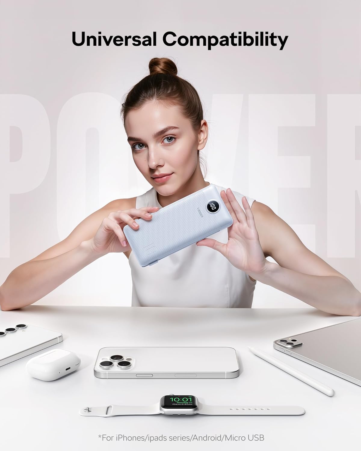VEGER All in One Travel Portable Charger with Built-in AC Plug & Cables, 10000mAh Slim Power Bank Battery Pack, 15W Fast Charging Compatible with iPhone, Samsung, Android-White - Image 6