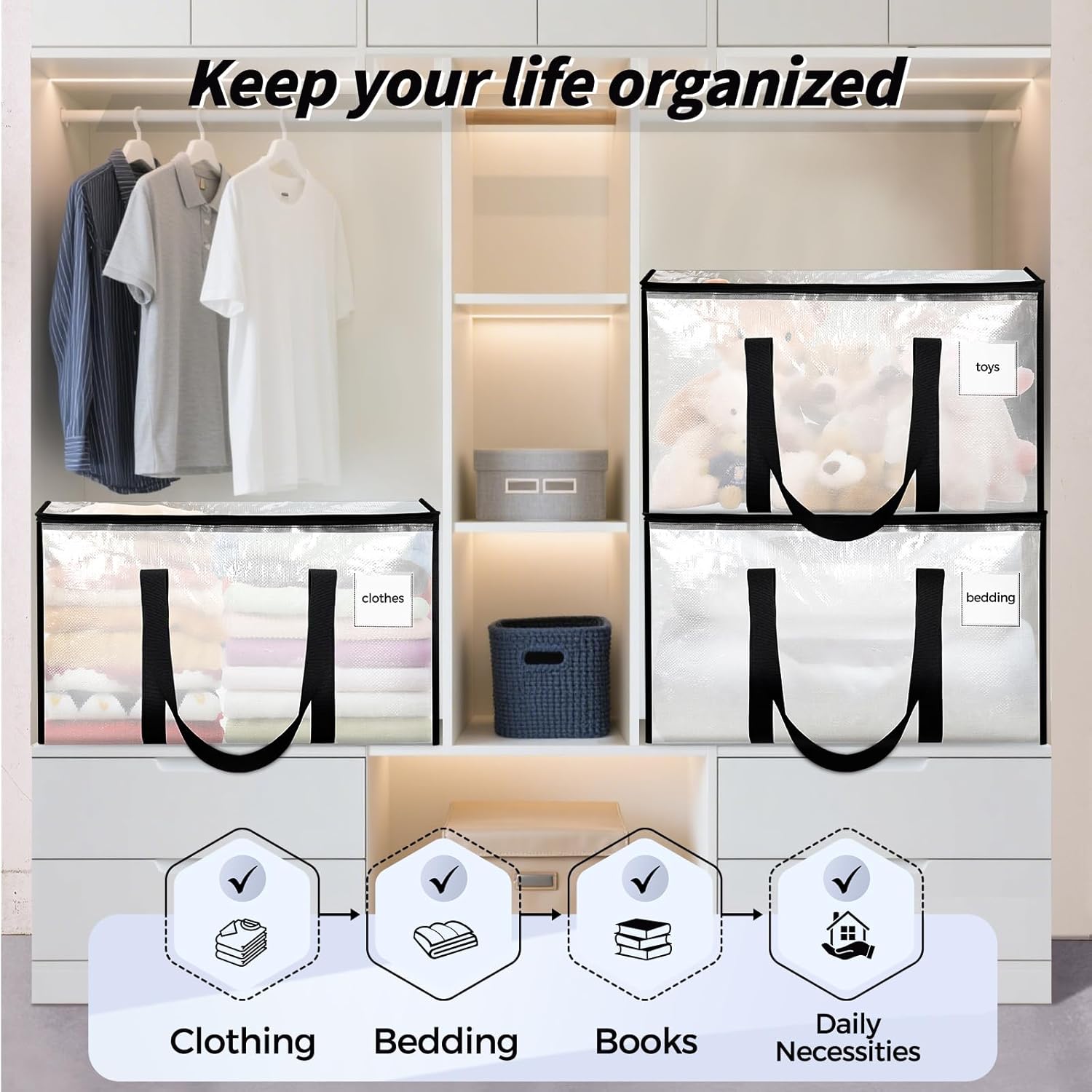 16 Pack Extra Large Heavy Duty Moving Bags, Clear Storage Bins with Lids, Reinforced Handles & Heavy-Duty Zippers Moving Boxes Storage Bags Totes for Clothes Packing, Dorms, College Supplies, Clear - Image 7