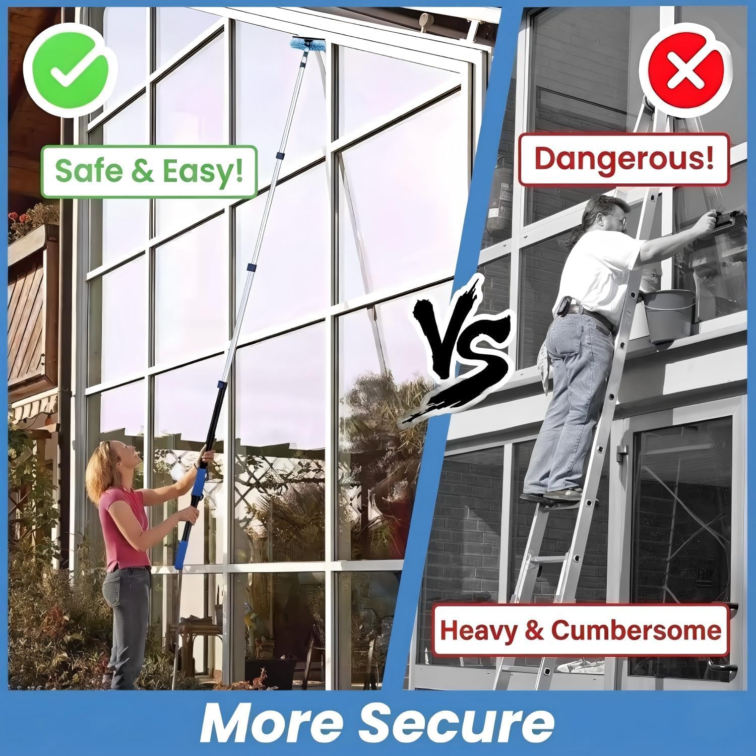 25ft High Ceiling Duster Kits with 5-18ft Heavy Duty Extension Pole - Fan Blade Cleaner, Cobweb Remover & Blue Window Squeegee Kit, Washable Dust Brush for High Roof and Glass Surfaces - Image 4