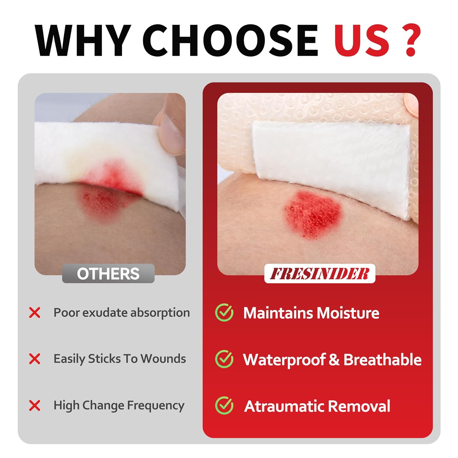 FRESINIDER Silicone Foam Dressing with Adhesive Border – Wound Dressing Bandage – Silicone Foam Pad – Pack of 5 – 4 x 4 Inches Large Waterproof Bandages – Self Adhesive Wound Care and Dressings - Image 7