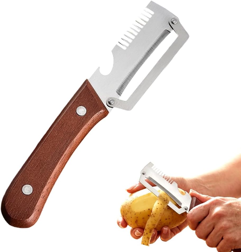 Multi-Functional Vegetable Peeler for Kitchen, 2026 Premium Stainless Steel Peeler Tool for Chef Kitchen Peeling, Wooden Handle Vegetable Shredder Handheld for Home Use (1)