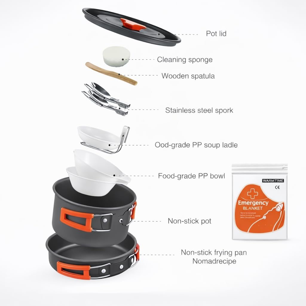 Voyage Living 12 PCS Lightweight Camping Cookware Set – Non-Stick Pots, Pans & Utensils for Backpacking, Hiking – Compact Mess Kit for 1-2 People, Gift with Emergency Blanket - Image 5