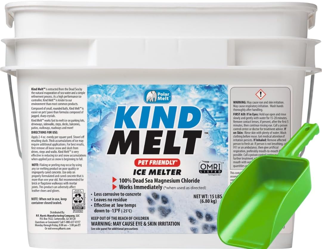 HARRIS Kind Melt Pet Friendly Ice and Snow Melter, Fast Acting 100% Pure Magnesium Chloride Formula with Scoop Included, 15lb, White