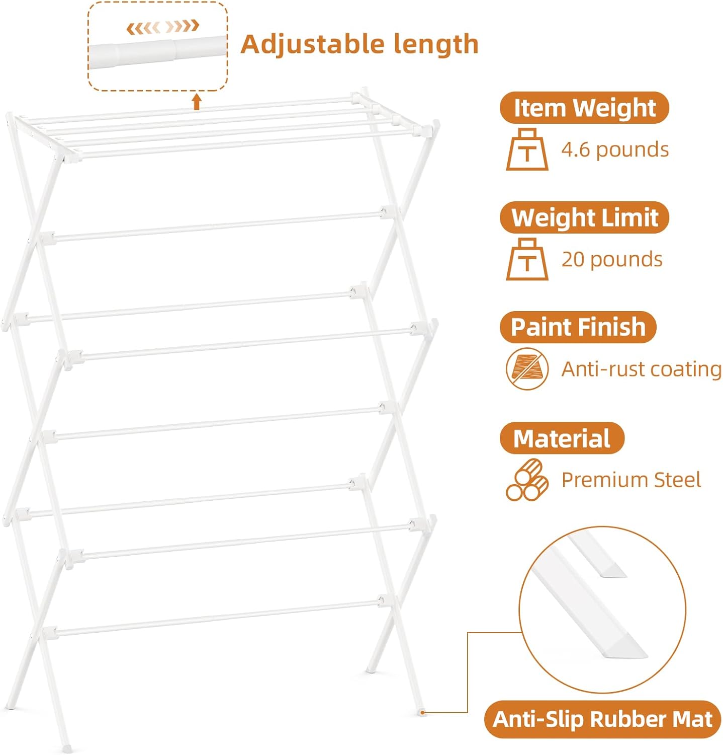 Drying Rack Clothing, 3-Tier Clothes Drying Rack Foldable, Antirust Laundry Drying Rack Collapsible Use for Indoor & Outdoor, 11.8" D x 34.6" W x 35.4" H, White - Image 3