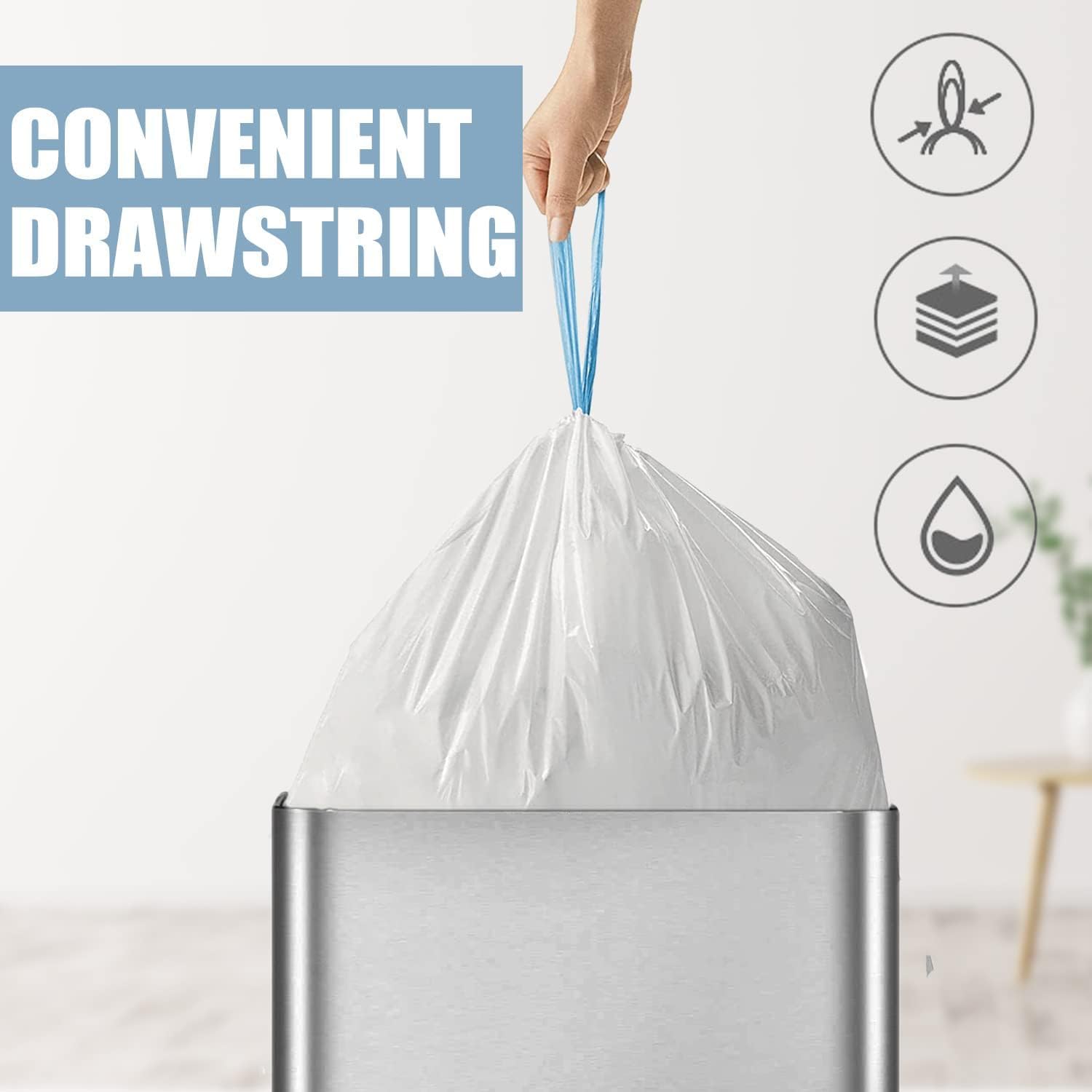 Small Trash Bags 4 Gallon - 150 Count Drawstring 4 Gallon Trash Bag, Tear-Free 4 Gal Small Garbage Bags for Office Bedroom Bathroom Trash Bags, Unscented White 4 Gal Trash Can Liners - Image 3
