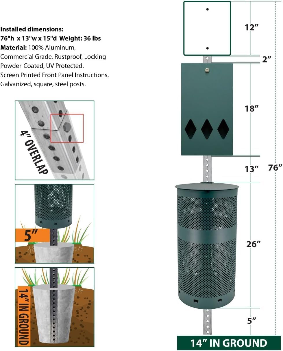 ZERO WASTE USA - Rust Proof Aluminum Dog Waste Station - Free 400 Waste Roll Bags & 25 can Liners - 10-Year Warranty - Over 500k Sold in USA (Green) - Image 9