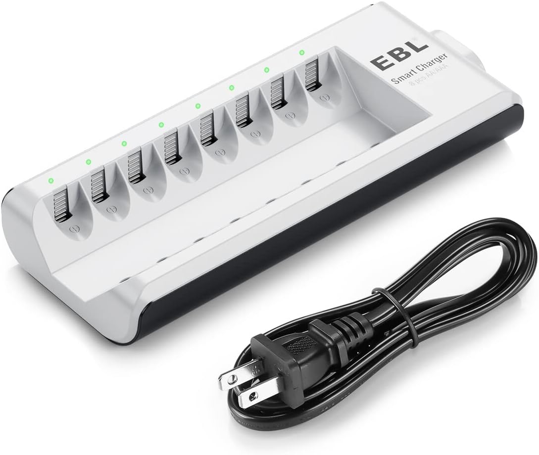 EBL AA AAA Battery Charger, 8-Bay Individual Charger for NiMH NiCD Rechargeable Batteries with AC Plug Fast Charging RC Battery Chargers