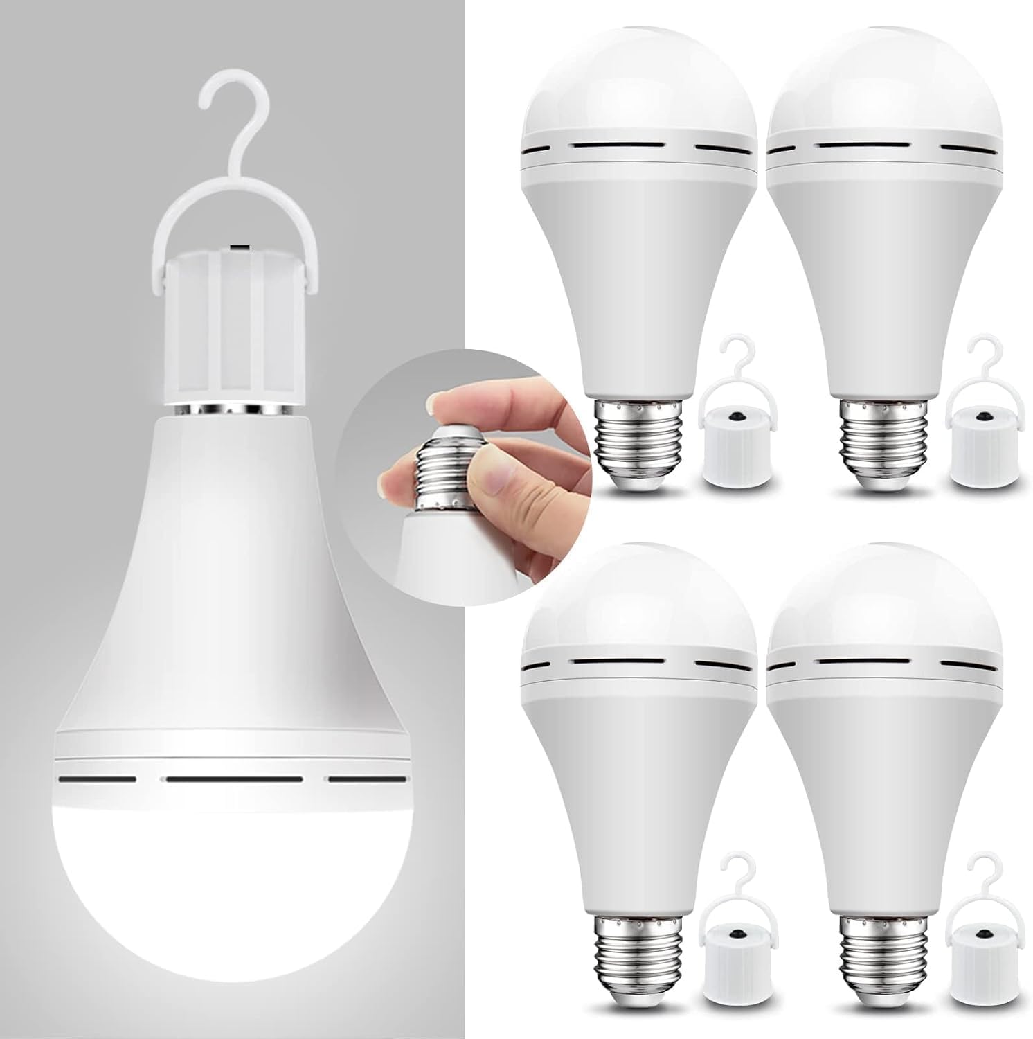 Neporal 4 Pack Emergency-Rechargeable-Light-Bulb, Stay Lights Up When Power Failure, 1500mAh 15W 80W Equivalent LED Light Bulbs for Home, Camping, Tent (E27, with Hook) (Daylight)
