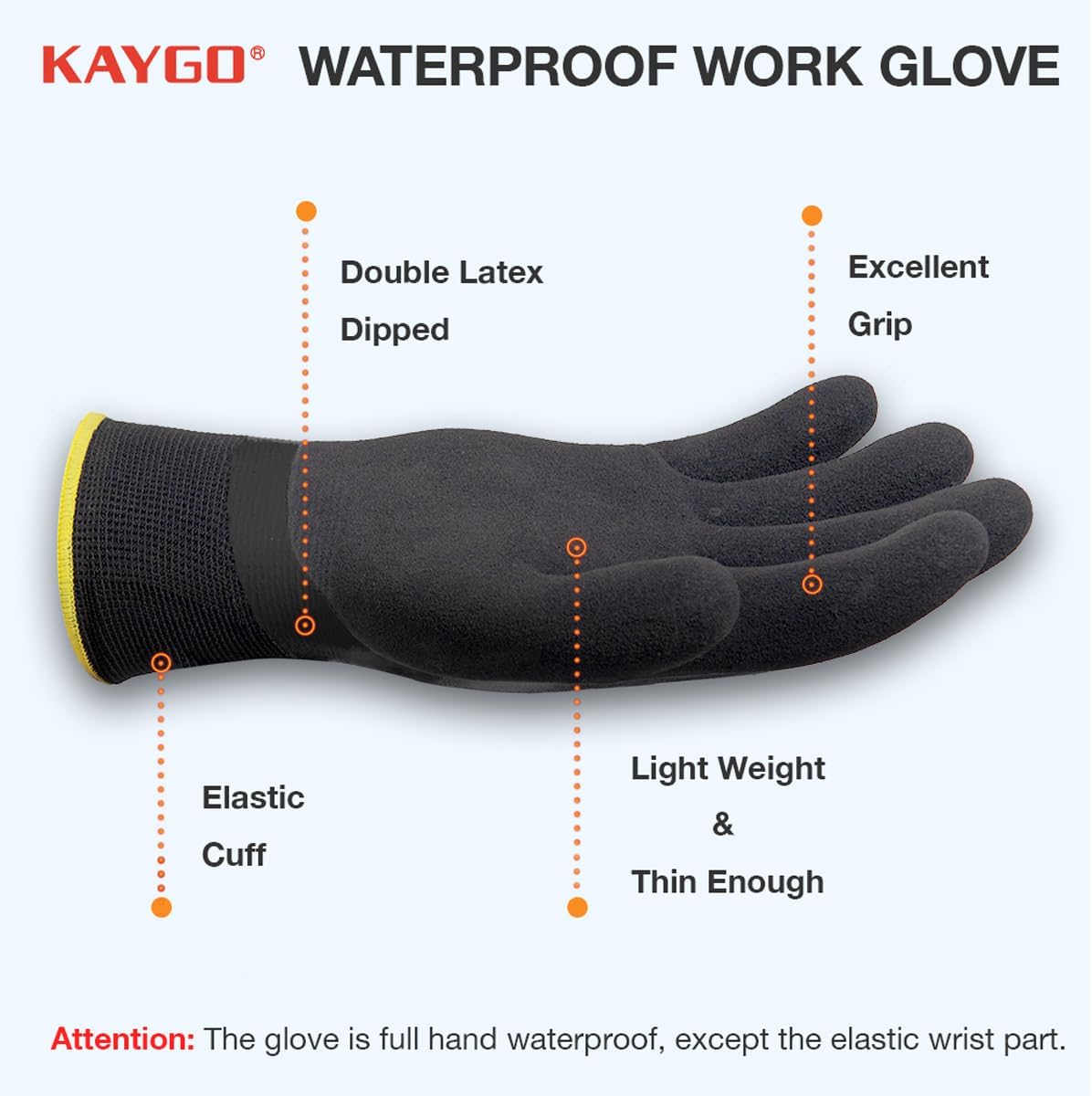 KAYGO Waterproof Work Gloves for Men and Women, Rubber Coated Non-slip Working Gloves for Garden, Outdoor Construction,KG150,Black,L - Image 2