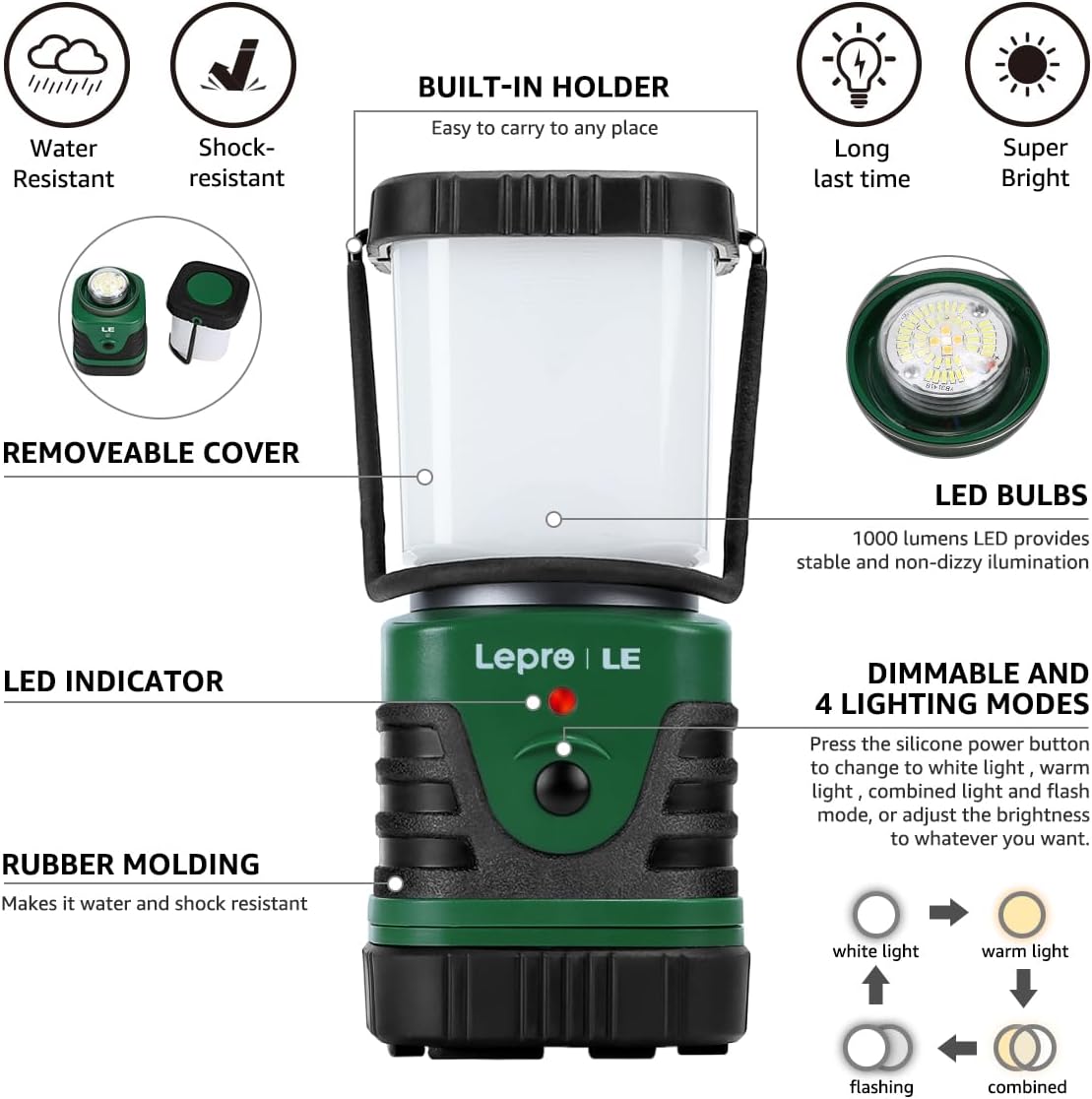 Lepro 1000LM LED Camping Lantern Rechargeable, 4400mAh Green Tent Light with 4 Light Modes, Waterproof Lantern Flashlight for Hurricane Emergency, Camping Essentials, USB Cable Included - Image 5