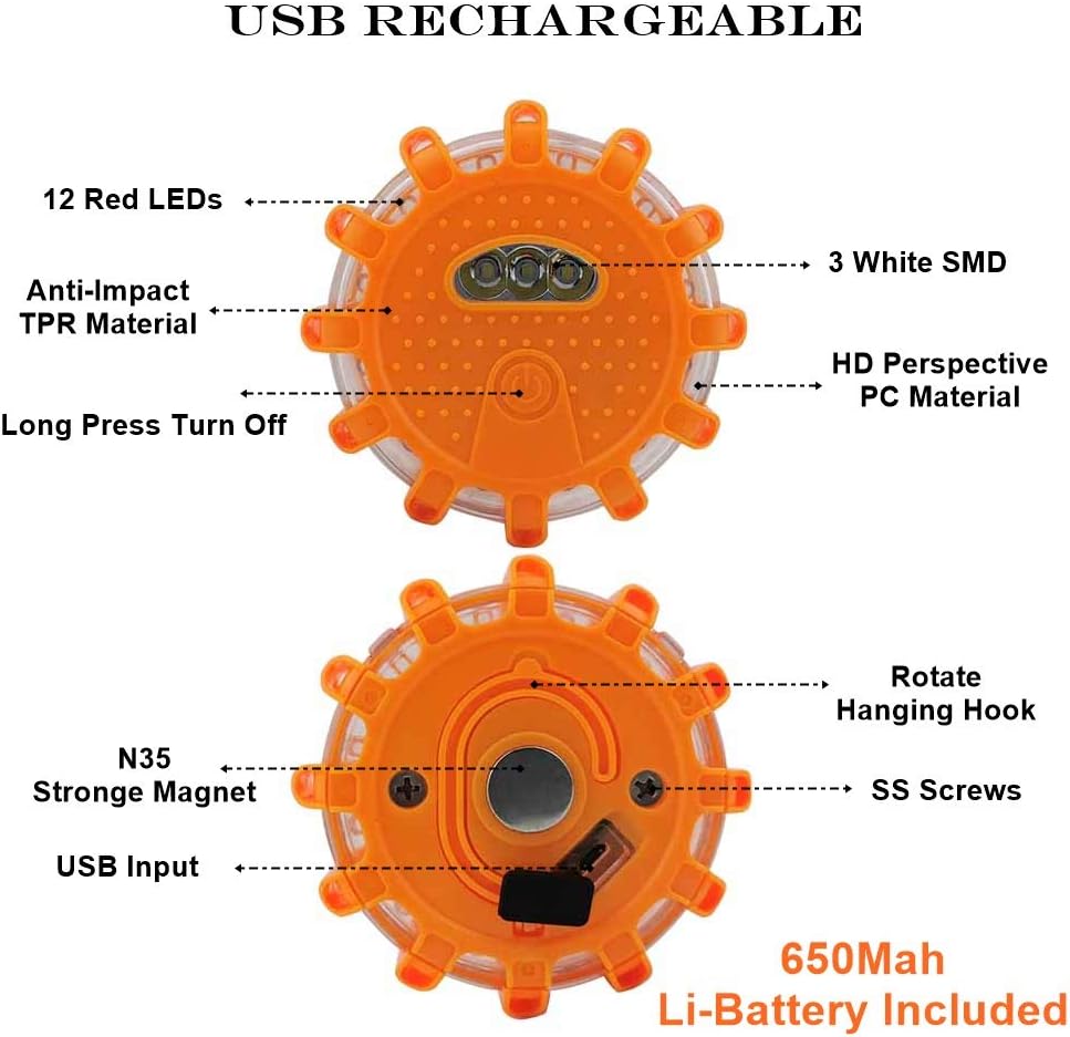 Ecoangel USB Rechargeable LED Road Flares Emergency Lights-Roadside Warning Car Safety Beacon Flashing Disc Flare Kit with Magnetic Base for Vehicles & Boat | 3 Beacon Disc Pack - Image 3