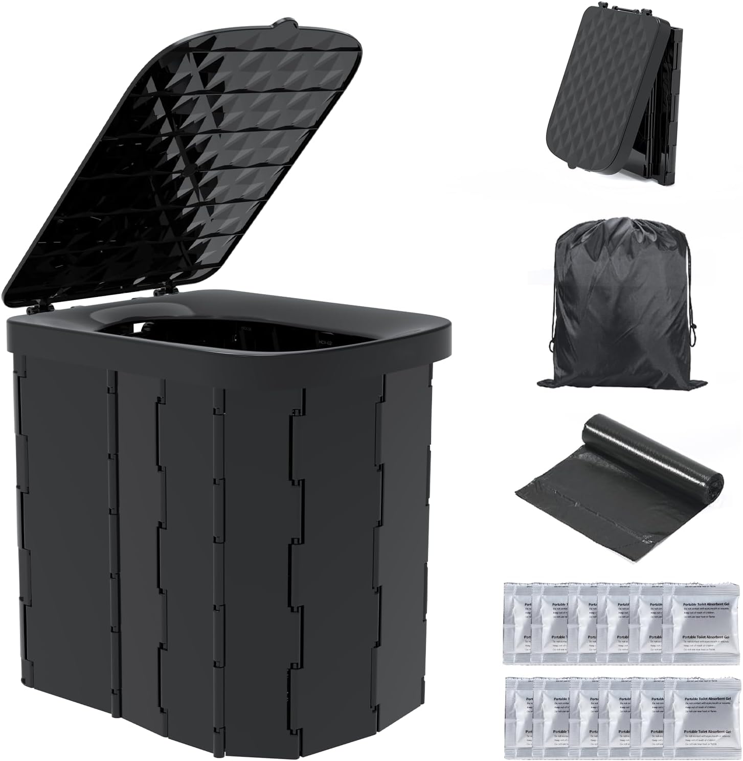 Hapoon XL Portable Folding Camping Toilet - Travel Potty for Adults, 12 Toilet Bags, 12 Pack Liquid Waste Gel, Black