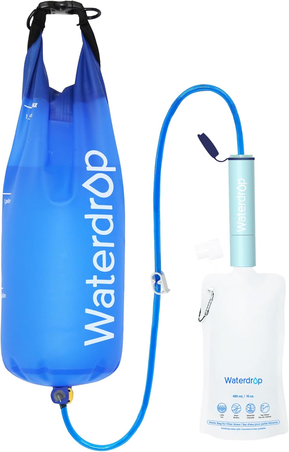 Waterdrop Gravity Water Filter Straw, Camping Water Filtration System, Water Purifier Survival for Travel, Backpacking and Emergency Preparedness, 1.5 gal Bag, 0.1 Micron, Light Blue