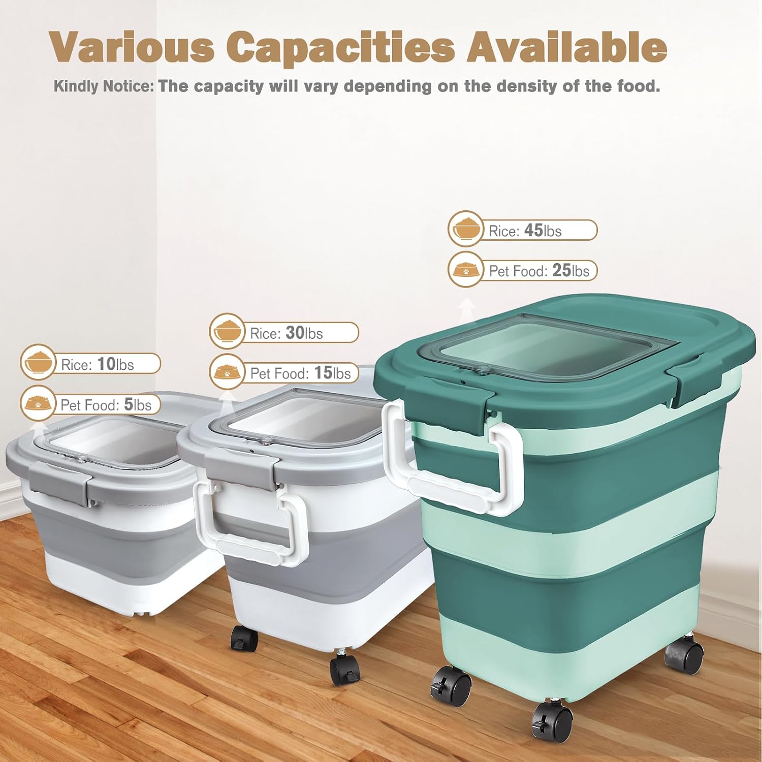Komzon Rice Storage Container, Collapsible Airtight 10-40 Lb Rice Storage Container, 25lb Pet Dog Food Storage Container, Rice Dispenser Bin with Cup and Scoop for Flour Cereal Pasta Grain, Cat Bird - Image 2
