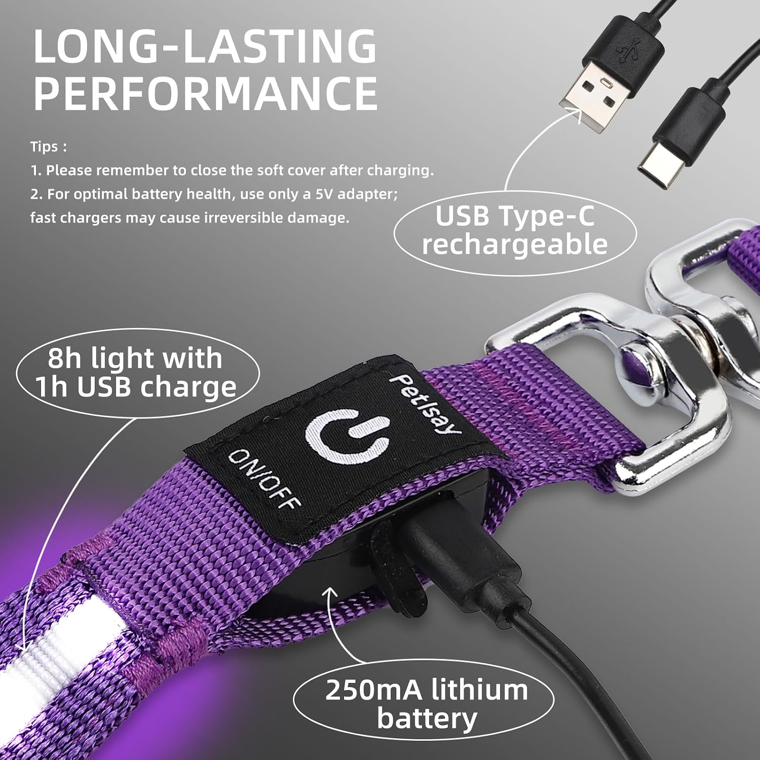 PetIsay Light up Dog Leash for Night Walking - USB C Rechargeable - Waterproof - Dog Leashes with Flashlight - LED Leash for Dogs - 6Ft, Purple - Image 6