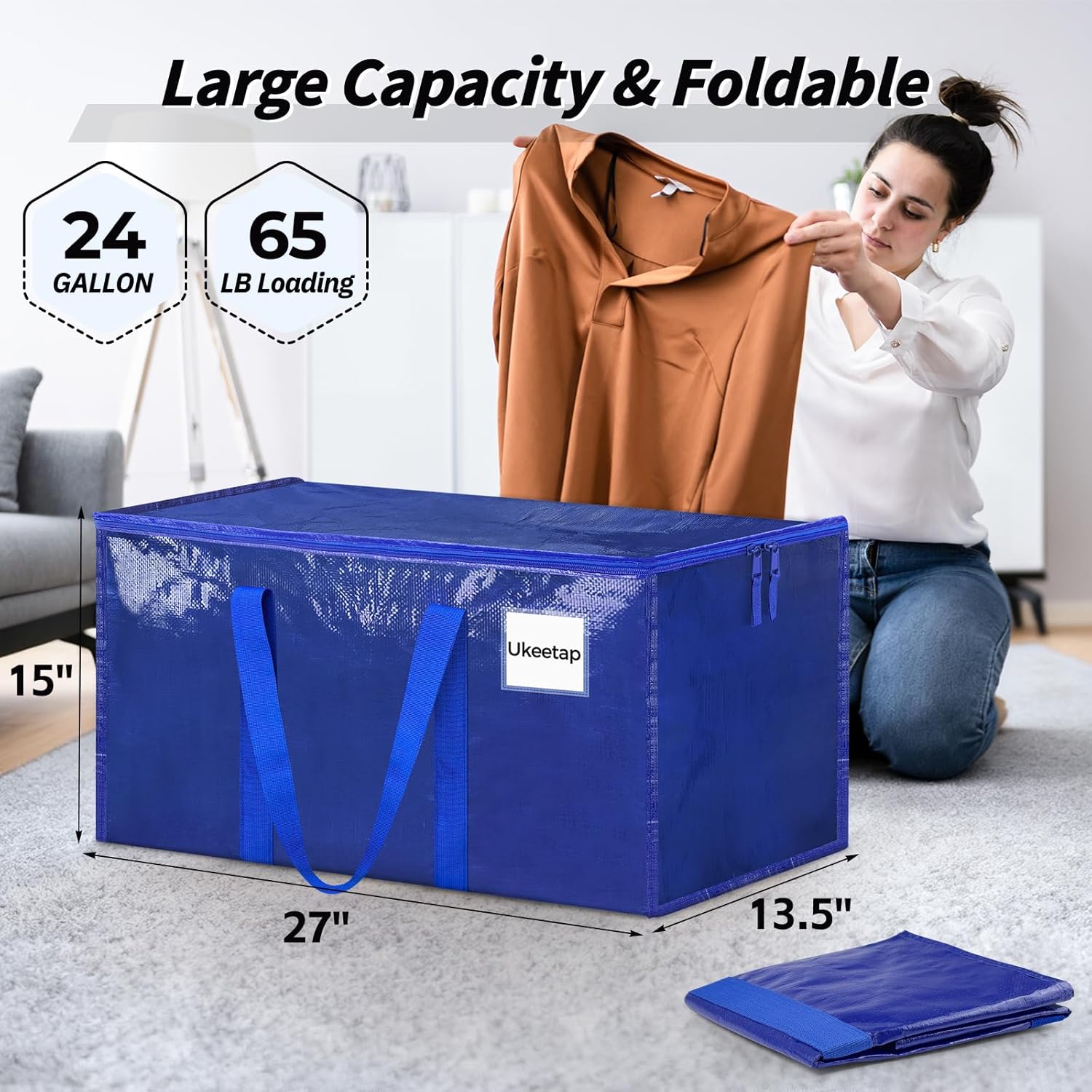 8 Pack Extra Large Heavy Duty Moving Bags, Blue Storage Bins with Lids, Reinforced Handles & Heavy-Duty Zippers Moving Boxes Storage Bags Totes for Clothes Packing, Dorms, College Supplies, Blue - Image 2