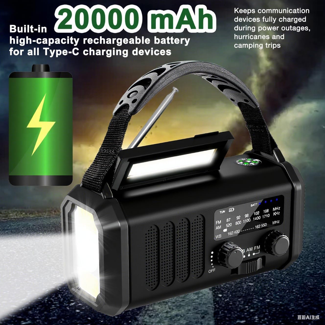 NOAA Weather Radio 20000mAh, Hand Crank Emergency Radio, Solar AM/FM | Solar/USB-C/Hand Crank, 3-Mode Flashlight & Reading Light, IPX3 Waterproof, SOS Alarm, Compass, Phone Charger - Image 6