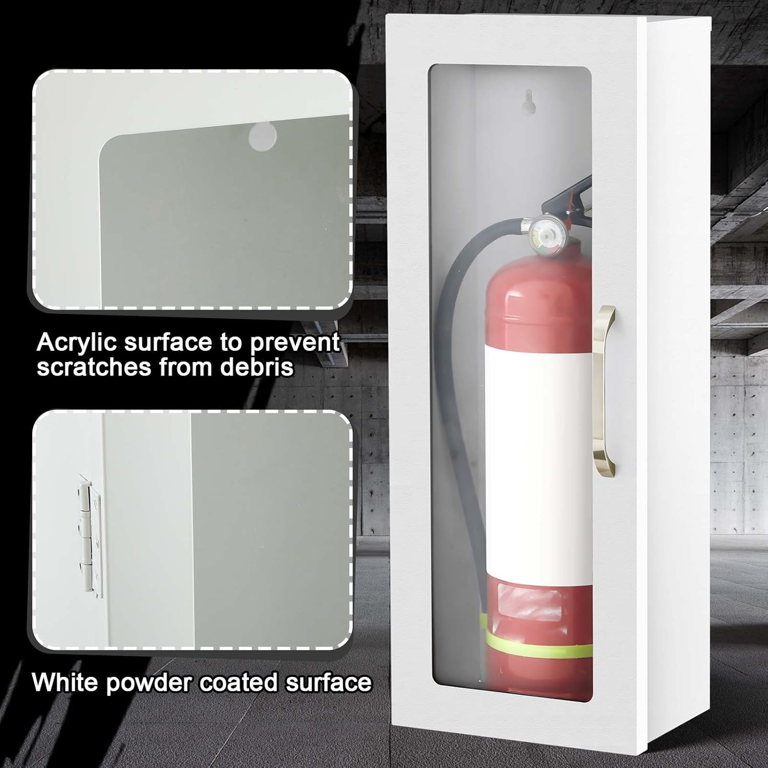 Zonon 1 Pcs 10lb Fire Extinguisher Cabinet Wall & Surface Mount 24-3/4 H x 10-1/4 W x 6-3/4 D 22 Gauge Steel Fire Extinguisher Box Case Extinguishers Holder with Handle for Indoor Outdoor (White) - Image 3