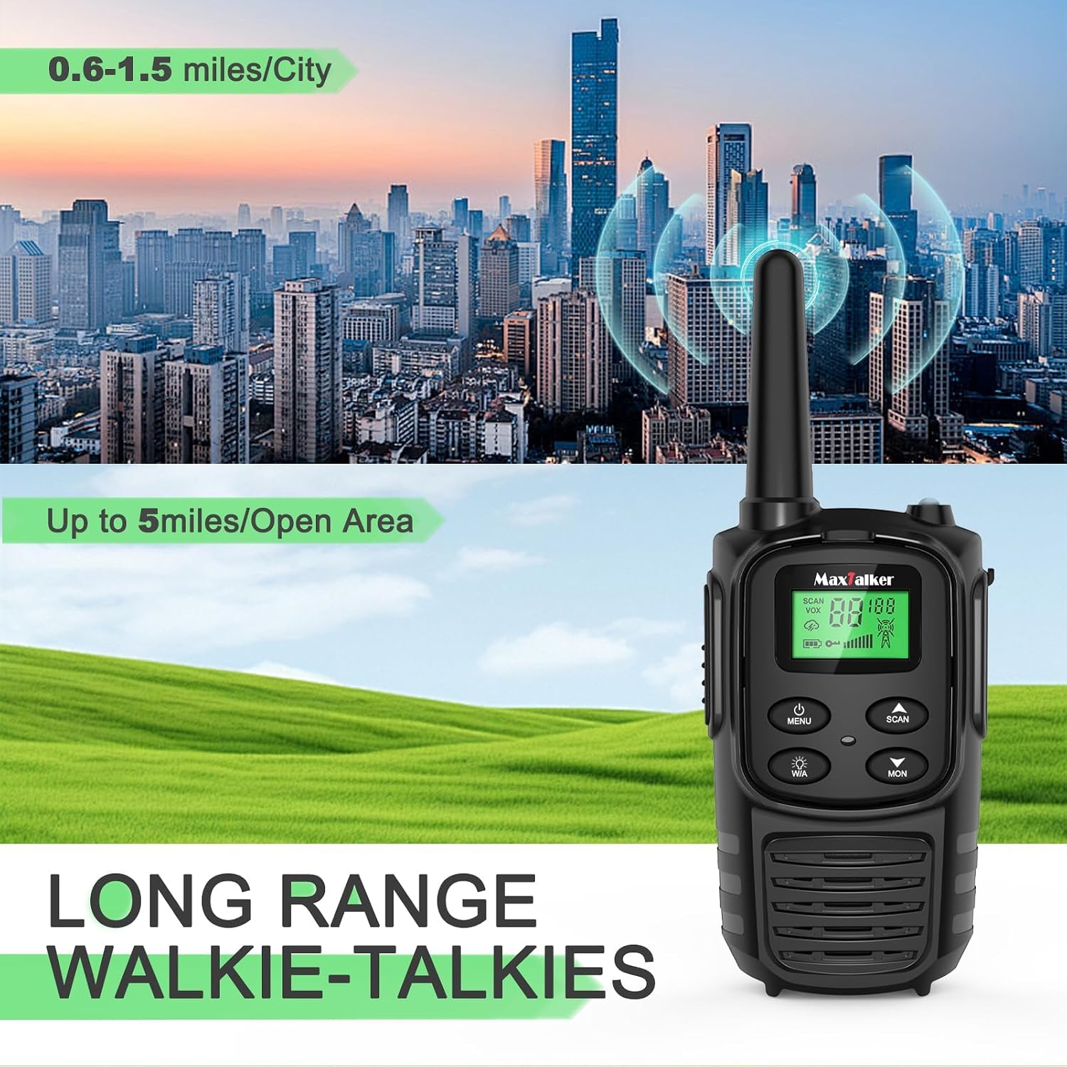 MaxTalker Walkie Talkies Long Range for Adult, MT10 Rechargeable Walkie Talkies FRS Two Way Radio, NOAA, 1200mAh Li-ion Battery USB-C Cable, LED Flashlight, VOX Walkie Talkie for Hiking Camping 2Pack - Image 4