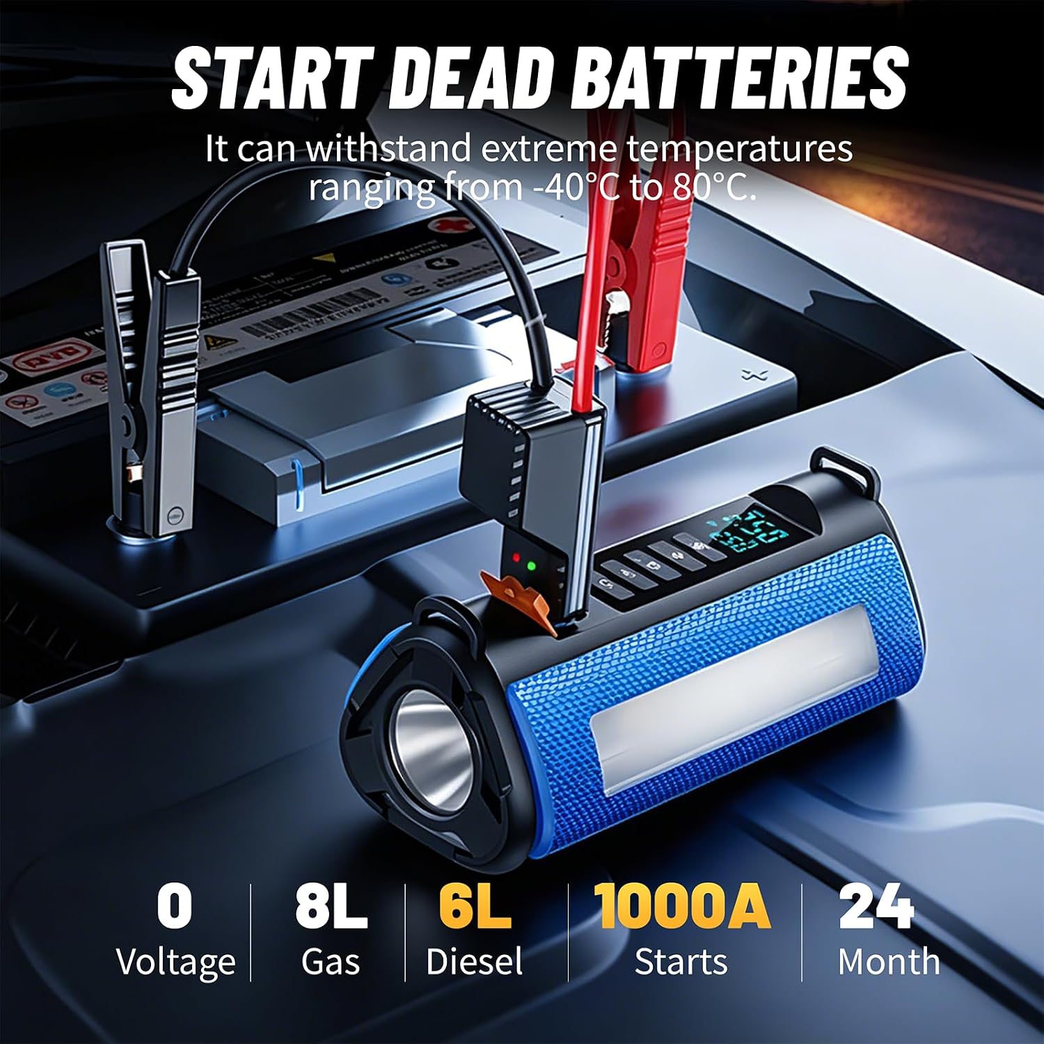 Car Battery Jump Starter with Air Compressor, 2500A Car Jumper Starter Portable150PSI, Battery Jumper Starter Portable Jump Box for Car Battery with 600LM,Jumper Cables, LCD Display - Image 2