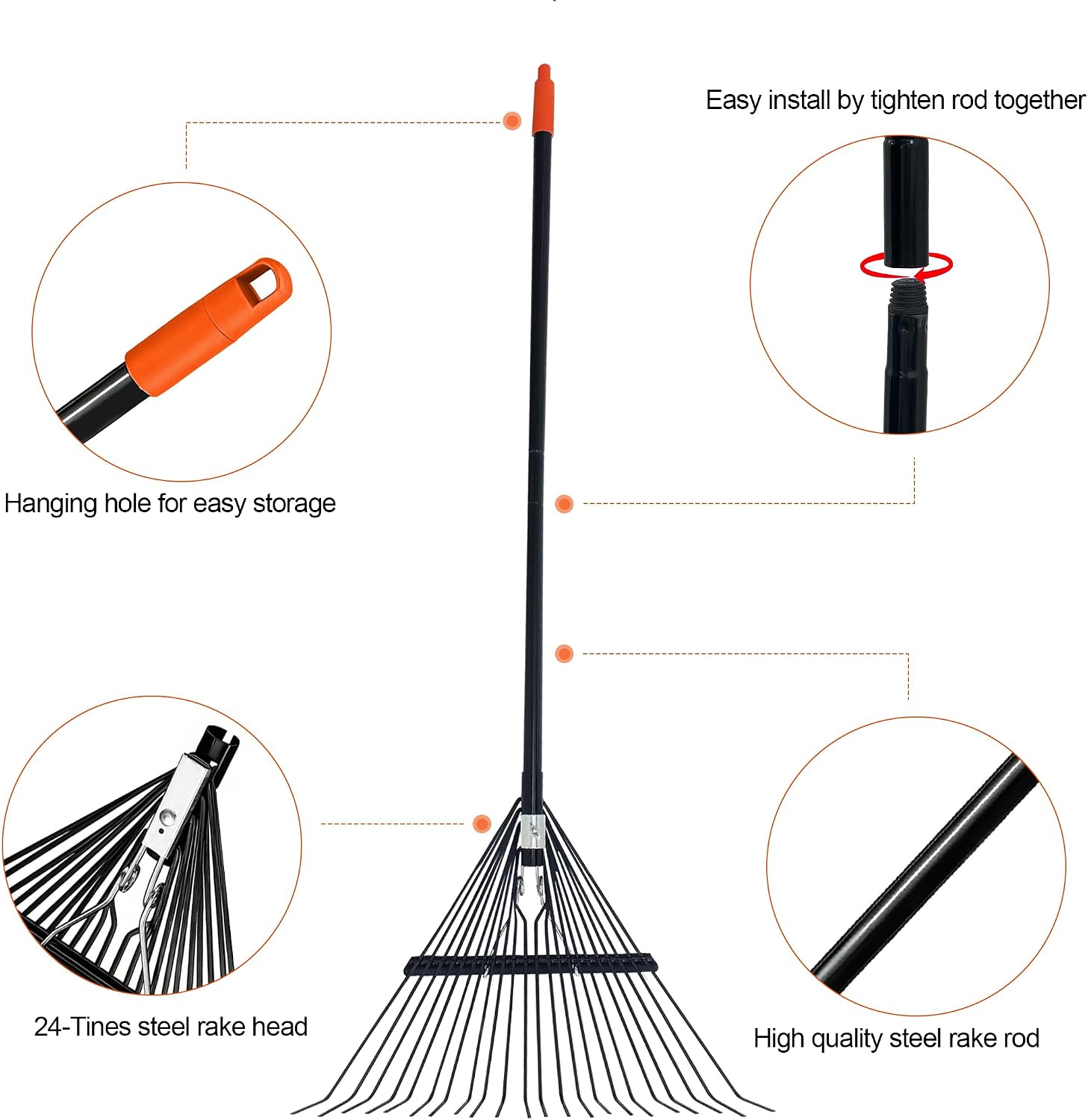 Rake for Leaves,22.8" Wide Gardening Leaf Rake for Lawns,22 Metal Tines with 33-67" Adjustable Handle Rakes for Lawns Yard Grass Flower Beds - Image 4