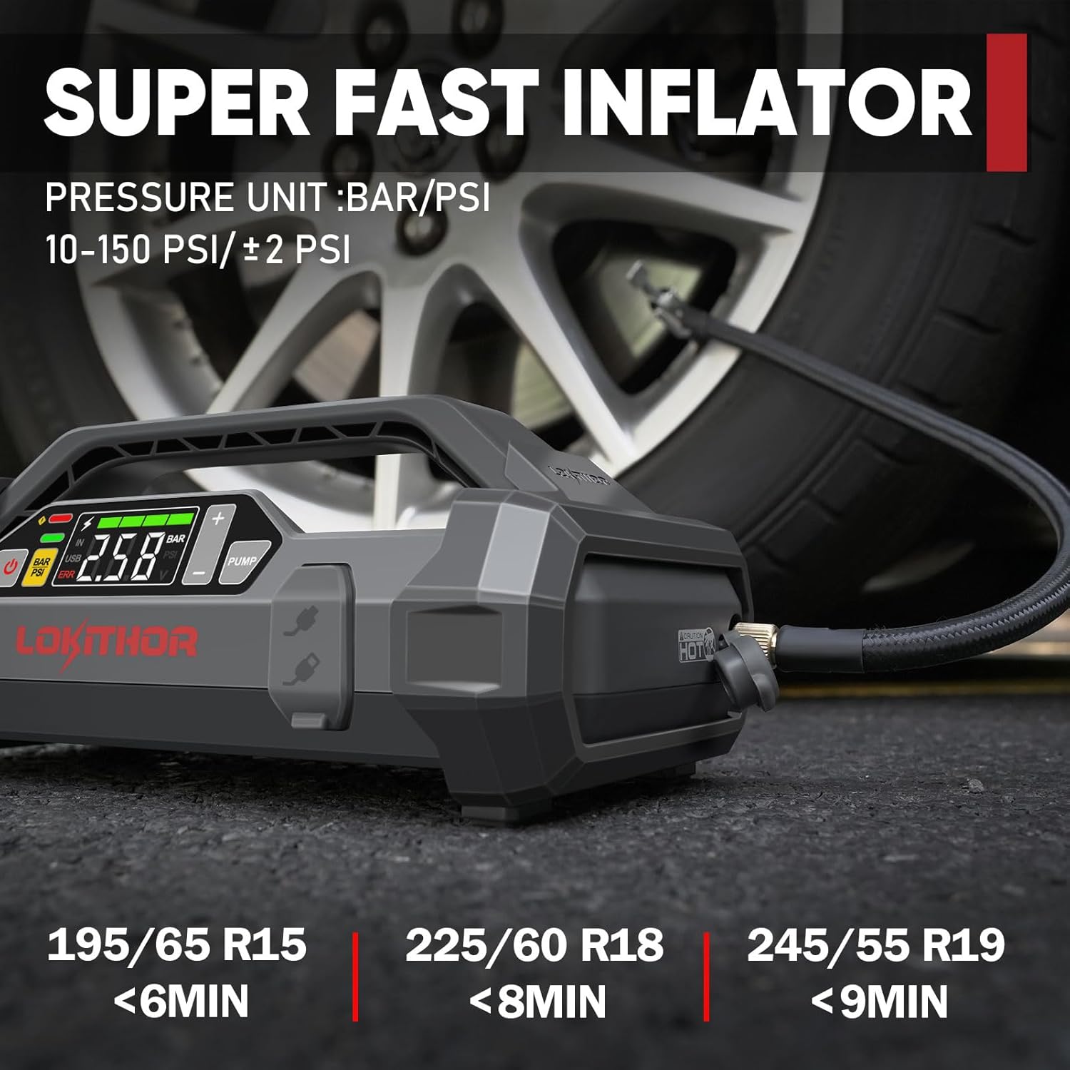 LOKITHOR JA300 Jump Starter with Air Compressor, 1500Amp 12V Portable Car Battery Booster Pack for Upto 7.0L Gas or 4.5L Diesel, 150 PSI Tire Inflator with Digital Screen, 24 Months Ultra-Long Standby - Image 4