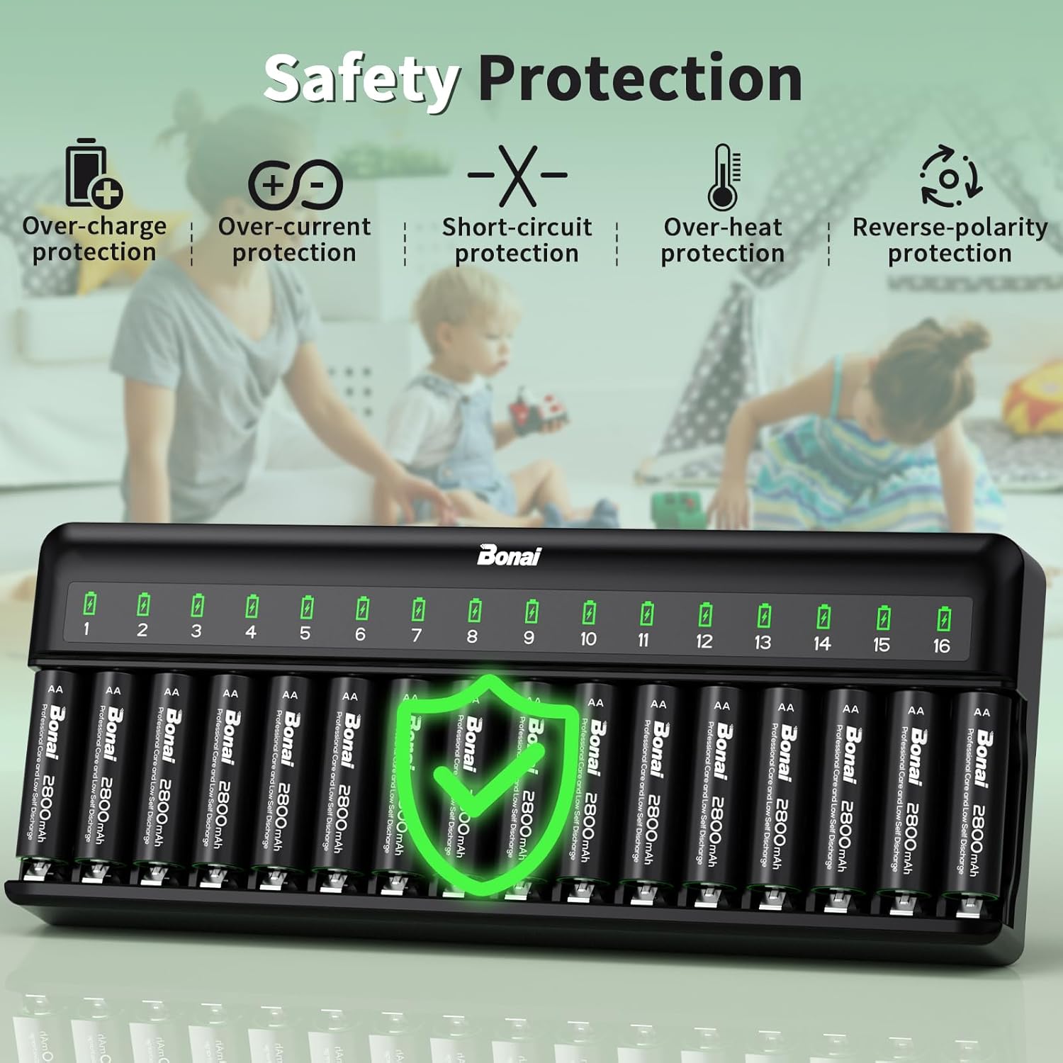 Bonai Rechargeable AA Batteries with Charger, 2800mAh High Capacity Pre-Charged Low Self-Discharge Leak Proof Double A Battery (16 Pack) & Smart Battery Charger with American AC Plug (16 Bay) - Image 7