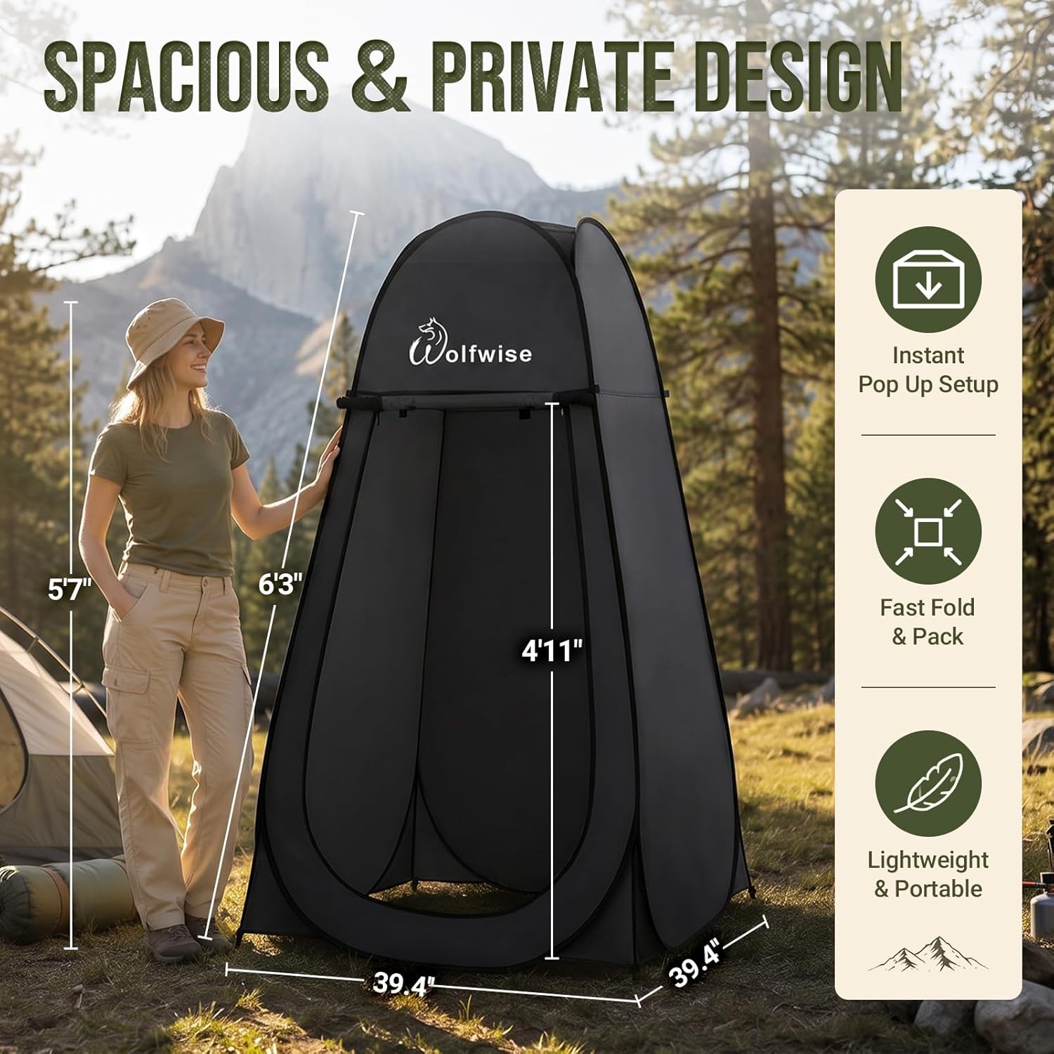 Wolfwise Pop Up Shower Tent for Camping Essentials, Portable Instant Changing Tent with Ventilation Window & Carry Bag, Privacy Dressing Room Bathroom Toilet for Beach & Outdoor, Standard, Black - Image 2