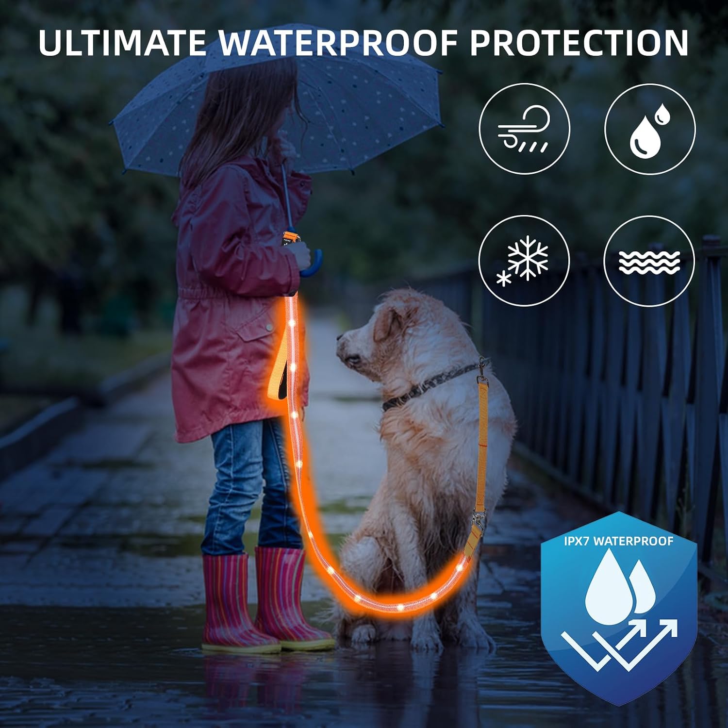 PetIsay Light up Dog Leash for Night Walking - USB C Rechargeable - Waterproof - Dog Leashes with Flashlight - LED Leash for Dogs - 6Ft, Purple - Image 4