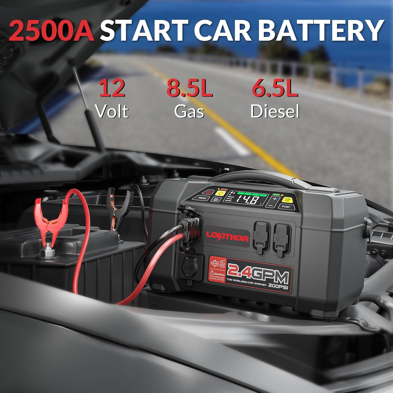 LOKITHOR AW401 5-in-1 Multi-Function Emergency Tool, 2500A Jump Starter + Cordless Air Compressor + Multi-use Pressure Washer + LED Light + Portable Power Bank, for Car Recovery, Camping & Travel - Image 2