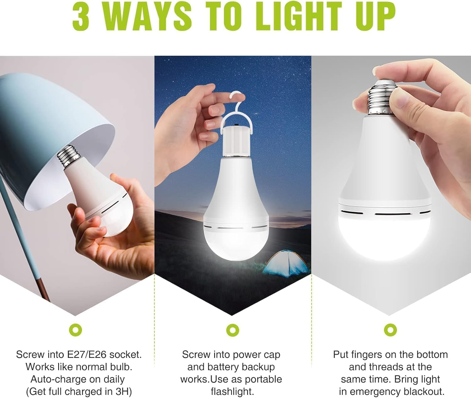 Neporal 4 Pack Emergency-Rechargeable-Light-Bulb, Stay Lights Up When Power Failure, 1500mAh 15W 80W Equivalent LED Light Bulbs for Home, Camping, Tent (E27, with Hook) (Daylight) - Image 3