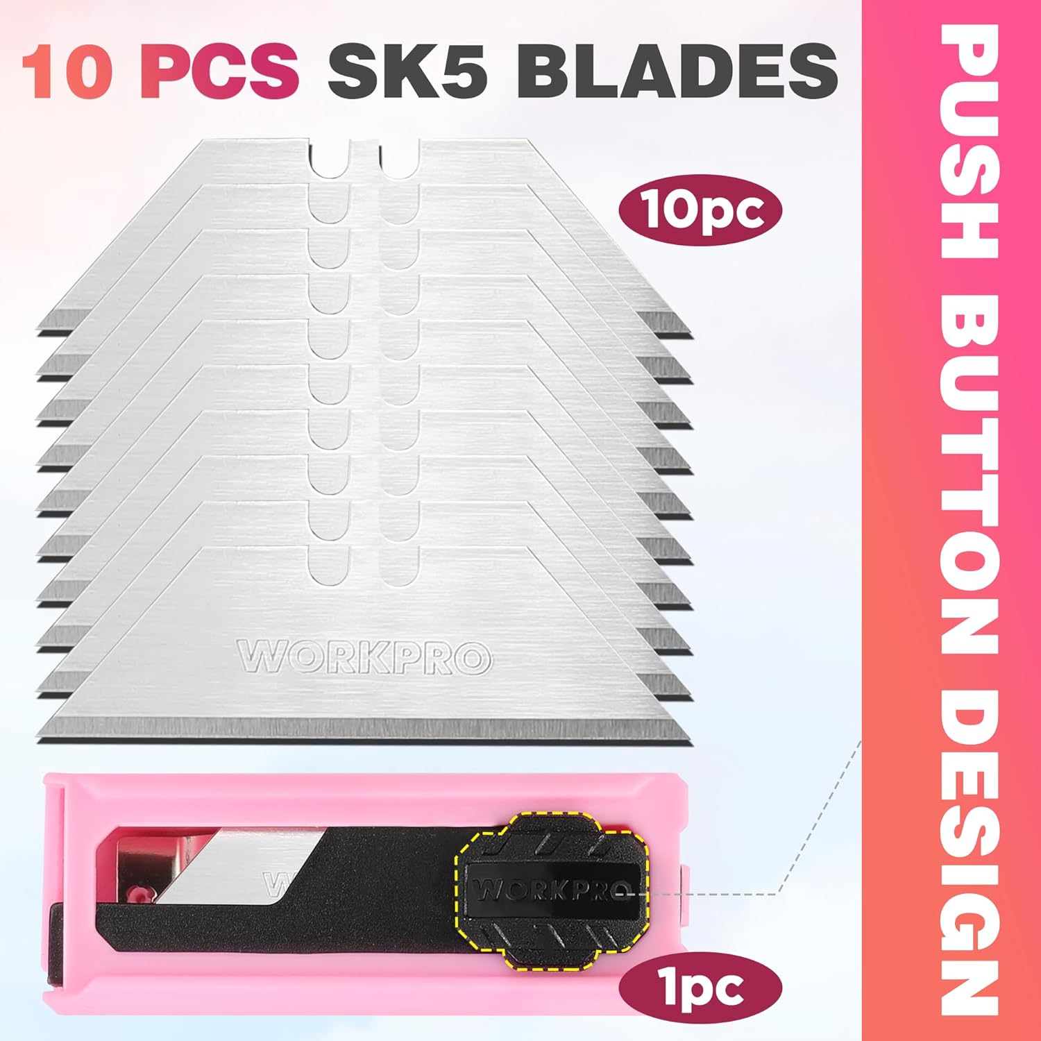 WORKPRO Folding Utility Knife, Quick Change Box Cutter, Pink Razor Knife for Cartons, Cardboard, Boxes, 10 Extra Blades Included - Pink Ribbon - Image 6
