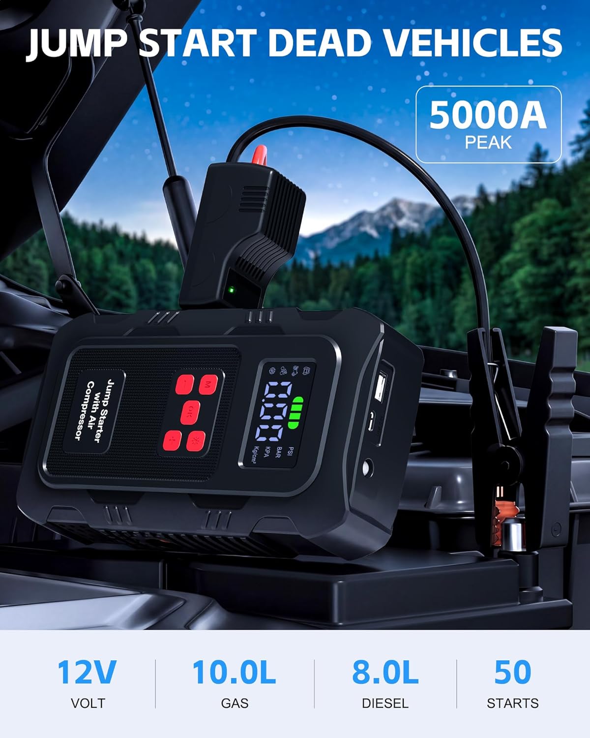 5000A Jump Starter with Air Compressor, Portable Car Battery Jump Starter with 150 PSI Tire Inflator for Up to 10.0L Gas and 8.0L Diesel Engines, 12V Jump Box Battery Charger Booster(Red) - Image 2