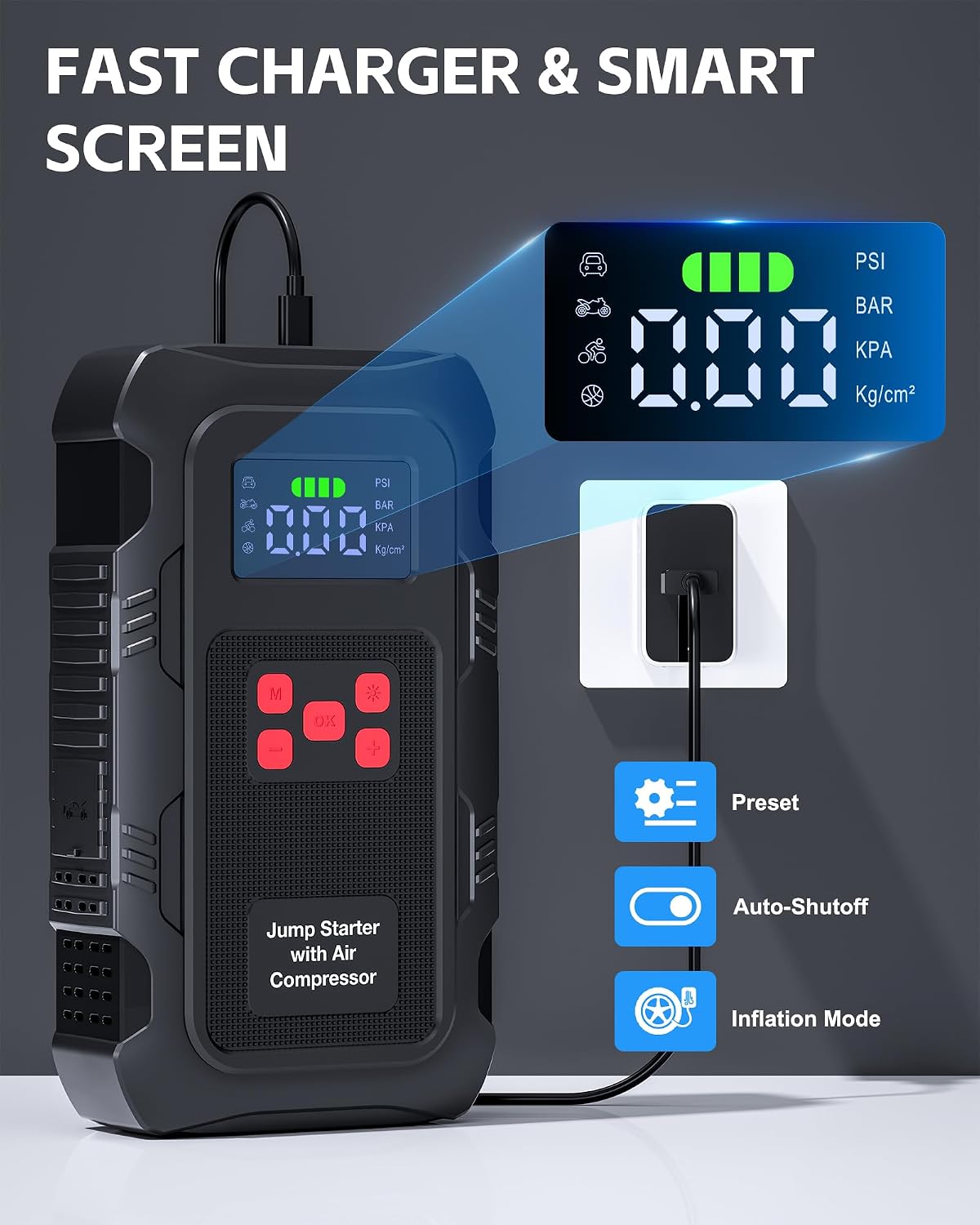 5000A Jump Starter with Air Compressor, Portable Car Battery Jump Starter with 150 PSI Tire Inflator for Up to 10.0L Gas and 8.0L Diesel Engines, 12V Jump Box Battery Charger Booster(Red) - Image 6