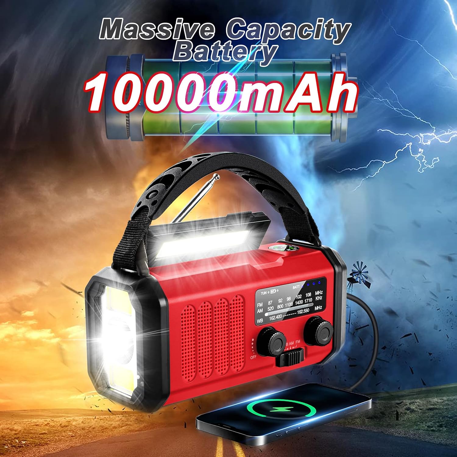 Emergency Weather Radio with NOAA,10000mAh Solar Hand Crank Radio,AM FM | AM/FM Portable Radio with Flashlight, Phone Charger, SOS Alarm & Compass for Hurricanes Camping Power Outage - Image 3