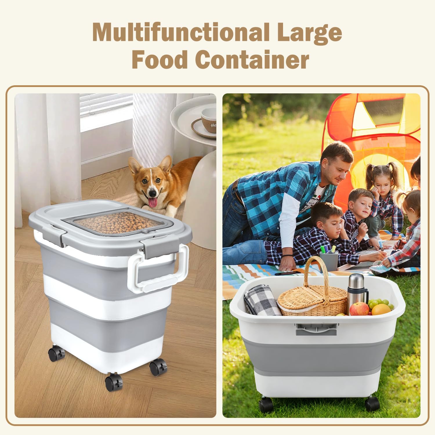 Komzon Rice Storage Container, Collapsible Airtight 10-40 Lb Rice Storage Container, 25lb Pet Dog Food Storage Container, Rice Dispenser Bin with Cup and Scoop for Flour Cereal Pasta Grain, Cat Bird - Image 6