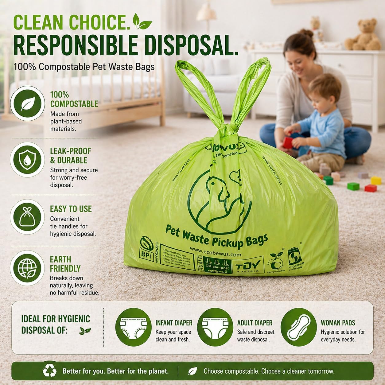 100% Compostable Pet Waste Disposal Bag (140 ct.) Plant-Based Cat Litter Poop Waste Pick-Up Bags with Handles Dog poop Bags Disposable Compost Food Scrap Liners (140 ct.) - Image 6