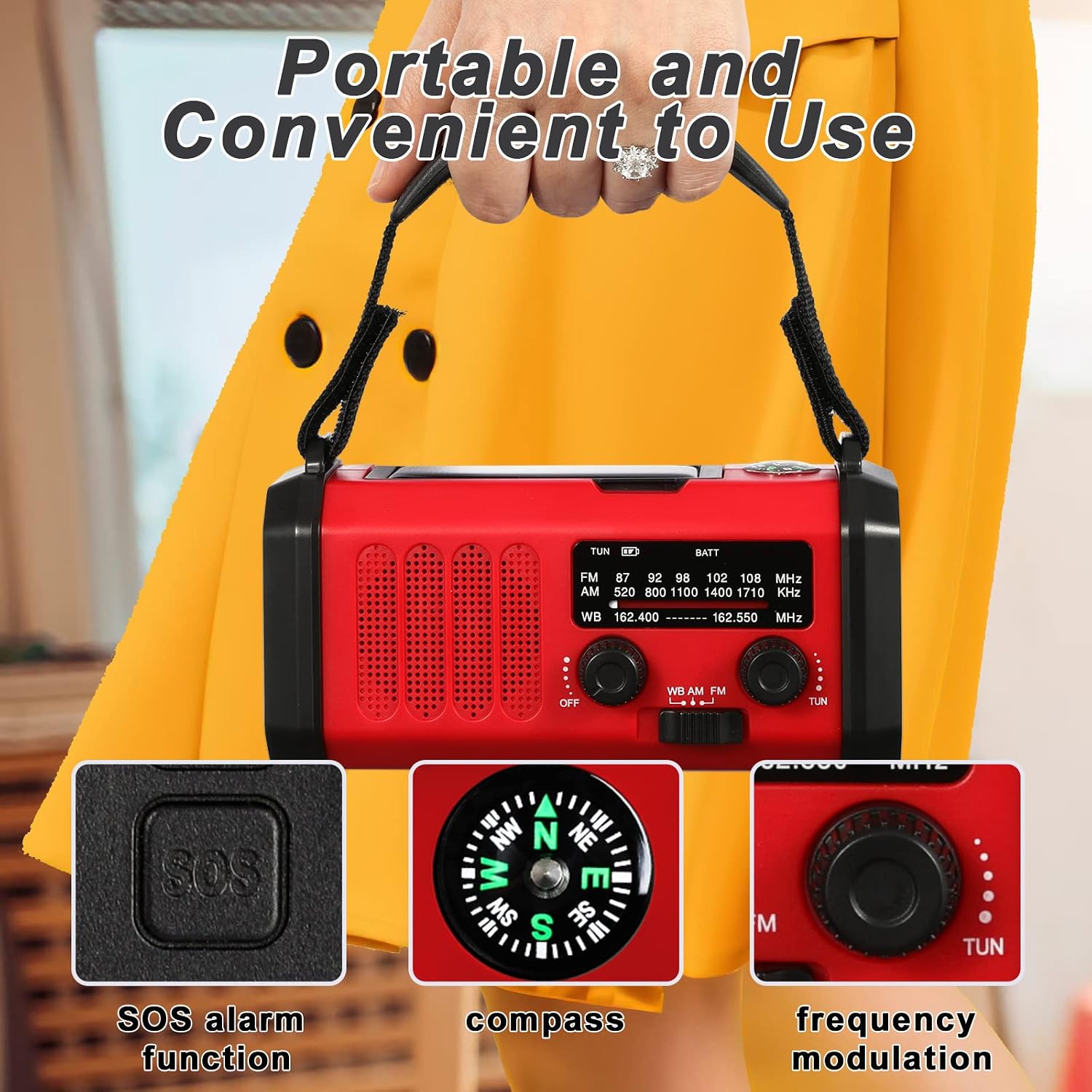 Emergency Weather Radio with NOAA,10000mAh Solar Hand Crank Radio,AM FM | AM/FM Portable Radio with Flashlight, Phone Charger, SOS Alarm & Compass for Hurricanes Camping Power Outage - Image 4
