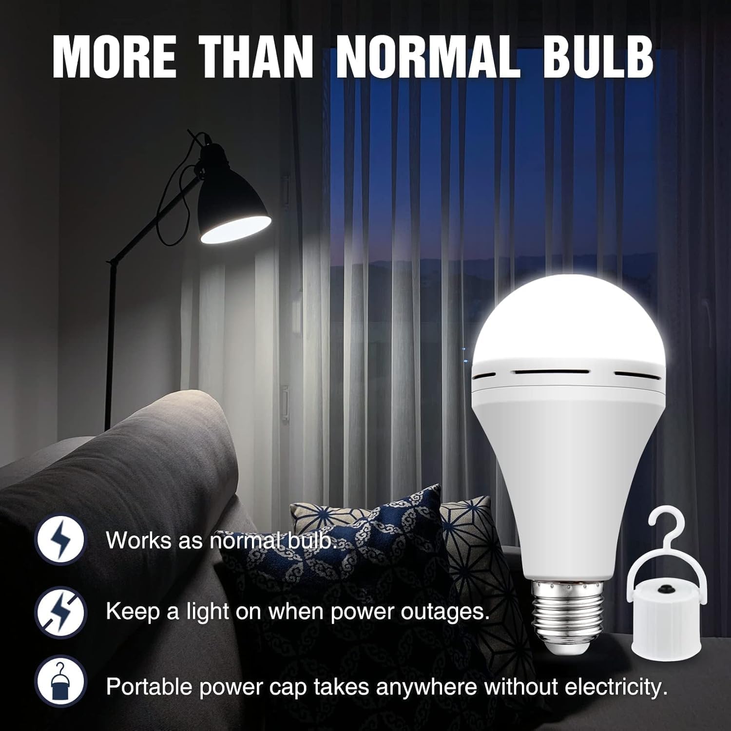 Neporal 4 Pack Emergency-Rechargeable-Light-Bulb, Stay Lights Up When Power Failure, 1500mAh 15W 80W Equivalent LED Light Bulbs for Home, Camping, Tent (E27, with Hook) (Daylight) - Image 2
