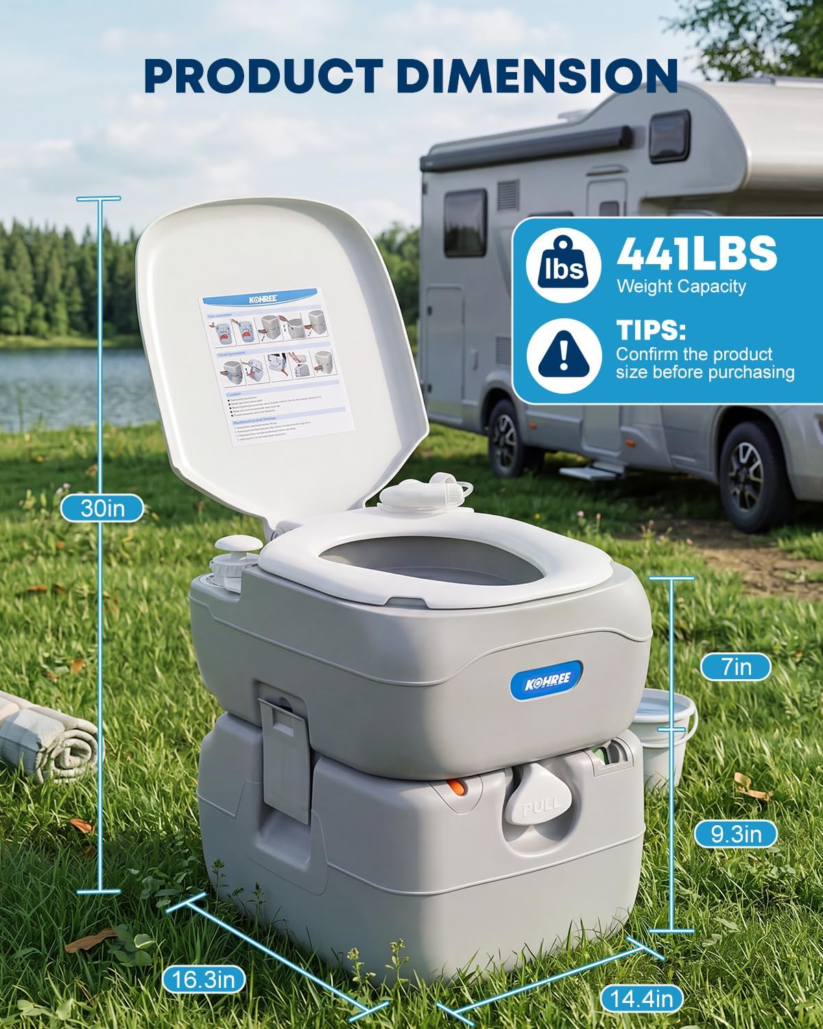 Kohree Portable RV Toilet, Camping Toilet Porta Potty, 5.8 Gallon Detachable Waste Tank, Indoor Outdoor Leak-Proof Toilet with Level Indicator, for Adults Home Use, RV Travel, Boat and Trips - Image 3