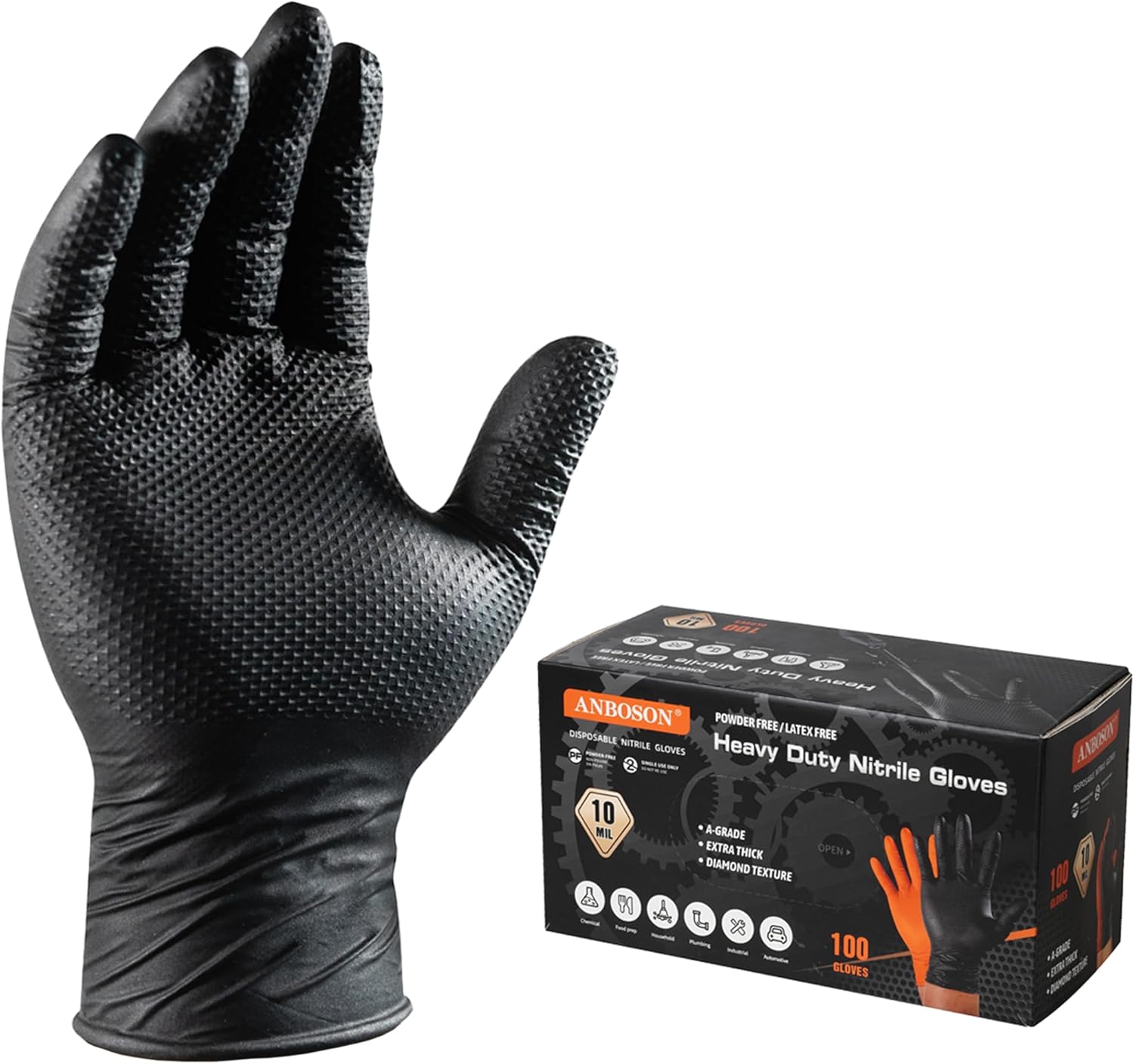 ANBOSON 10 Mil Diamond Textured Nitrile Gloves, Heavy Duty Disposable, Extra Thick, Latex & Powder Free, Chemical and Puncture Resistant, Ideal for Auto Repair, Cleaning, Painting, X-Large