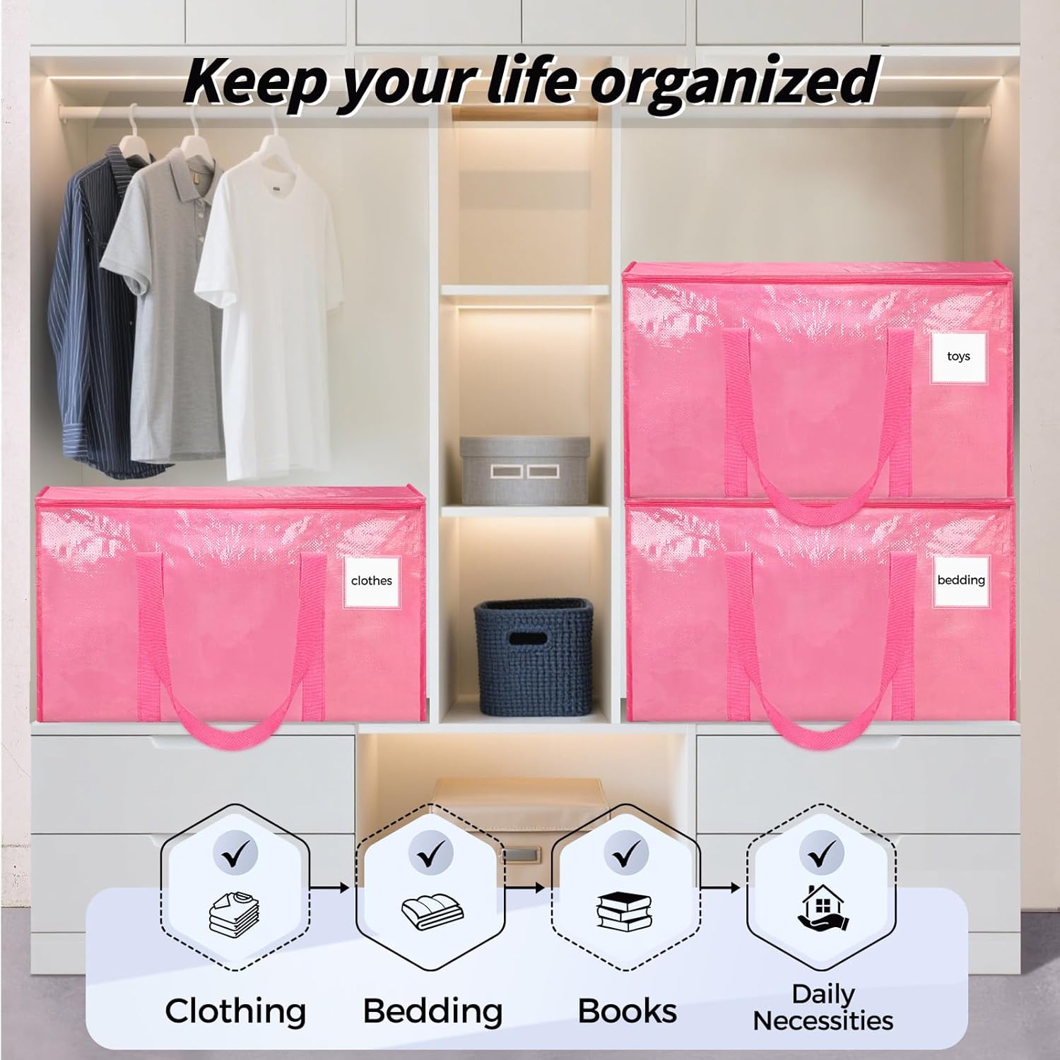 8 Pack Extra Large Heavy Duty Moving Bags, Pink Storage Bins with Lids, Reinforced Handles & Heavy-Duty Zippers Moving Boxes Storage Bags Totes for Clothes Packing, Dorms, College Supplies, Pink - Image 7