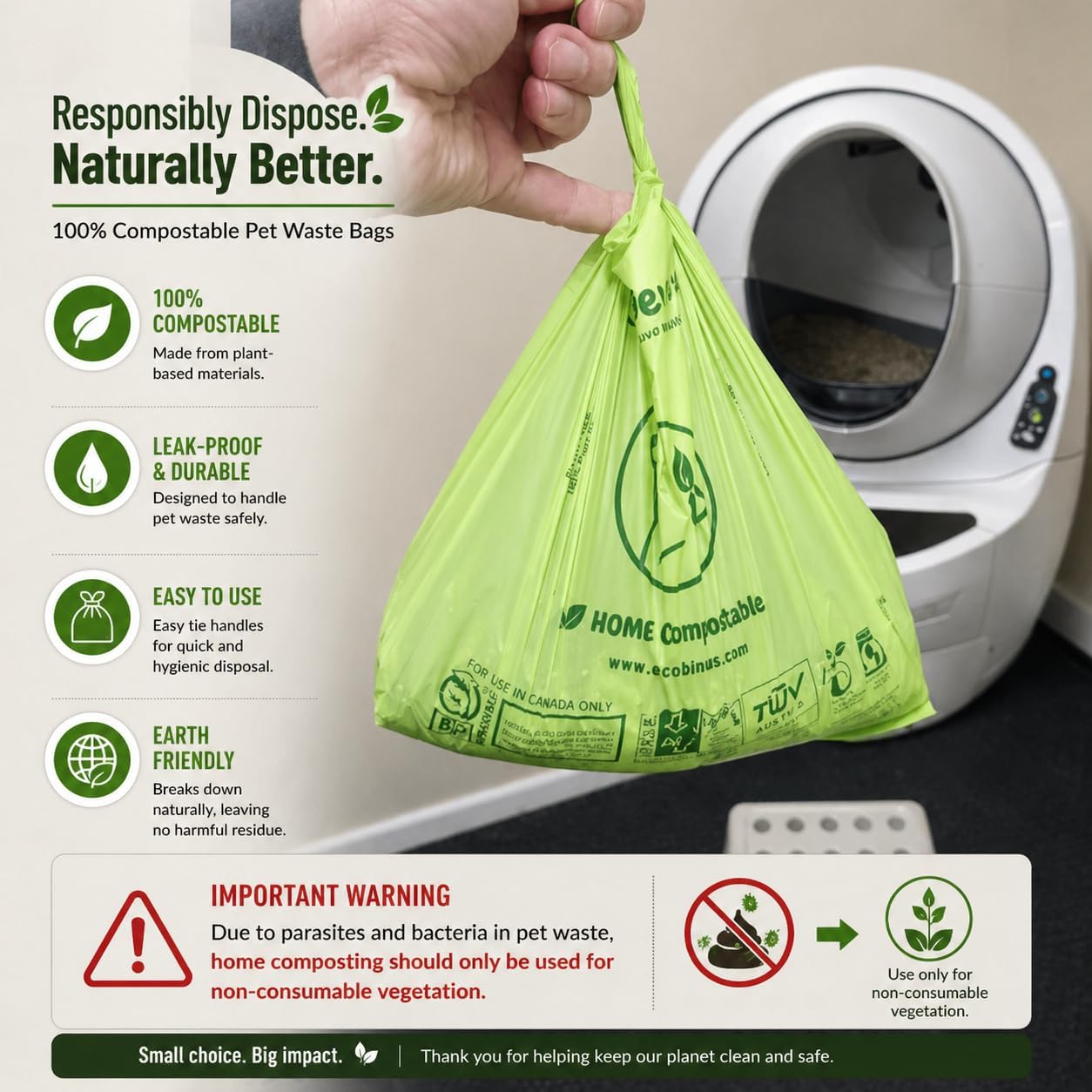 100% Compostable Pet Waste Disposal Bag (140 ct.) Plant-Based Cat Litter Poop Waste Pick-Up Bags with Handles Dog poop Bags Disposable Compost Food Scrap Liners (140 ct.) - Image 8