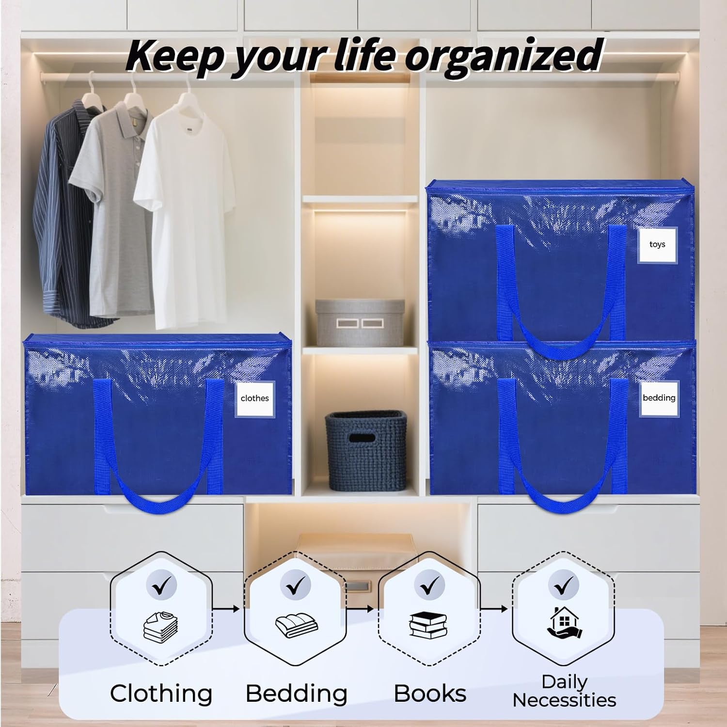 8 Pack Extra Large Heavy Duty Moving Bags, Blue Storage Bins with Lids, Reinforced Handles & Heavy-Duty Zippers Moving Boxes Storage Bags Totes for Clothes Packing, Dorms, College Supplies, Blue - Image 7