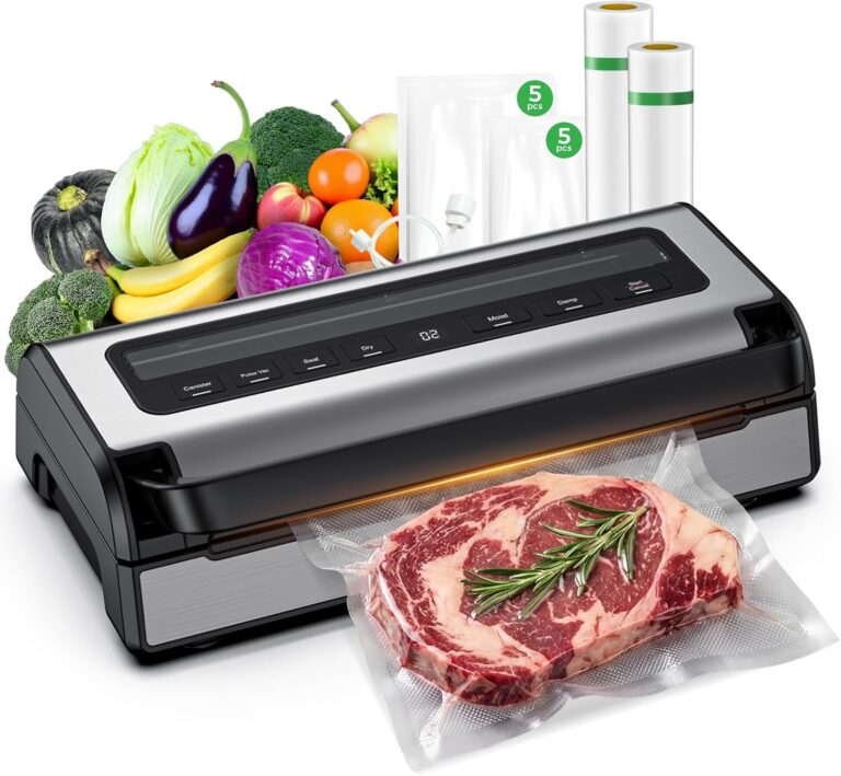 Vacuum Sealer for Food, Complete Starter Kit Includes 2 Rolls & 10 Bags, All-in-One Automatic Food Sealer machine with Built-in Cutter & Bag Storage, Powerful Motor for Dry/Moist/Canister Sealing