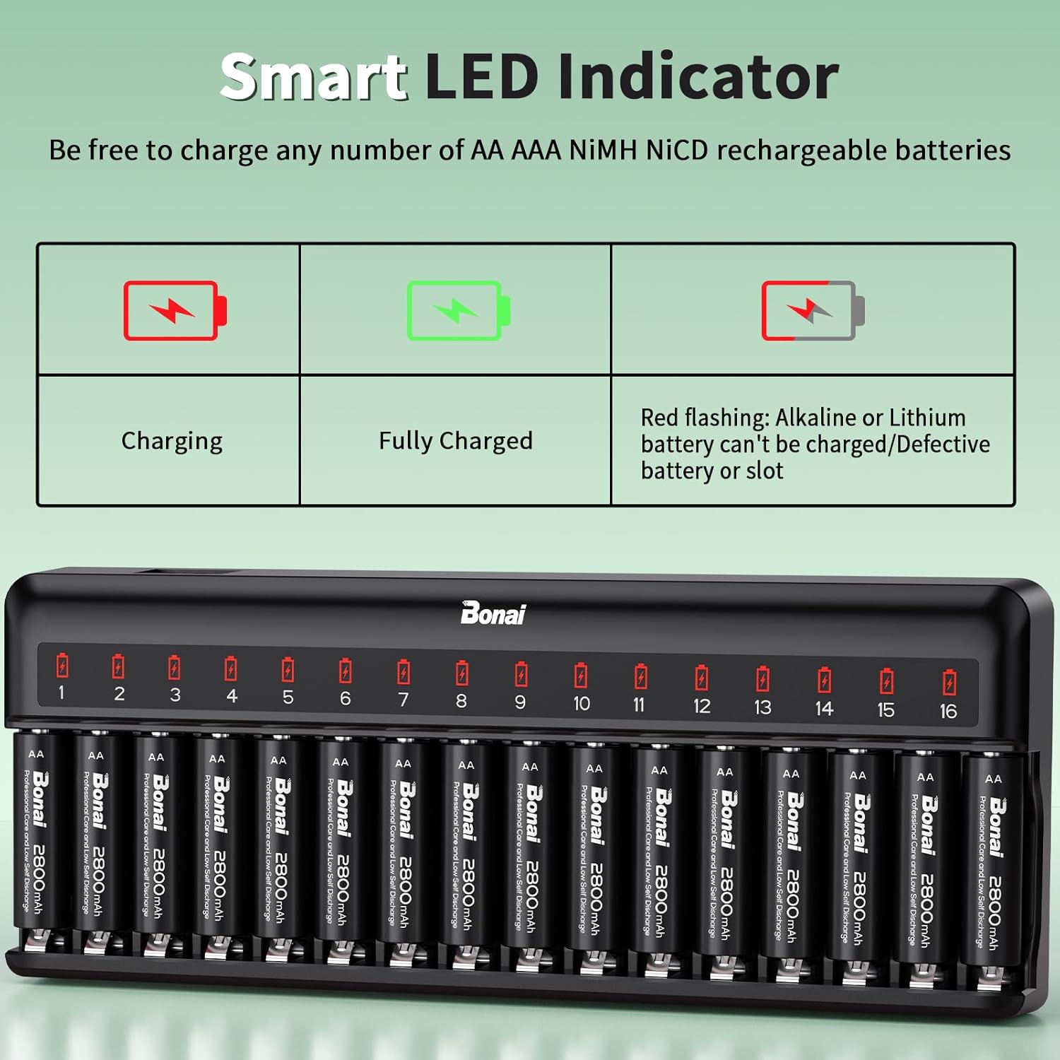 Bonai Rechargeable AA Batteries with Charger, 2800mAh High Capacity Pre-Charged Low Self-Discharge Leak Proof Double A Battery (16 Pack) & Smart Battery Charger with American AC Plug (16 Bay) - Image 6